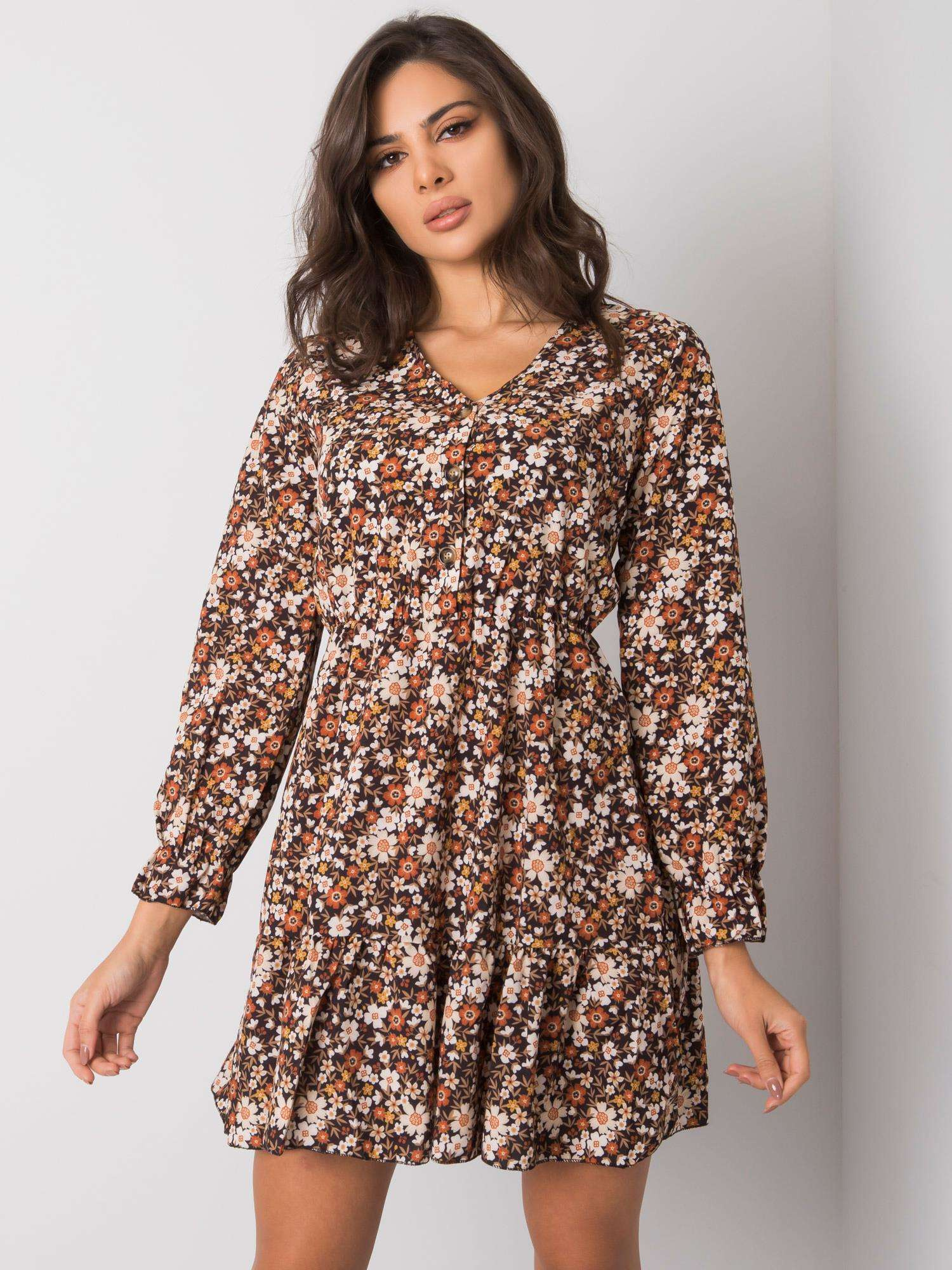 Hnedo-čierne kvetinové šaty s gombíkmi -TW-SK-BI-25624.20P-black Veľkosť: L