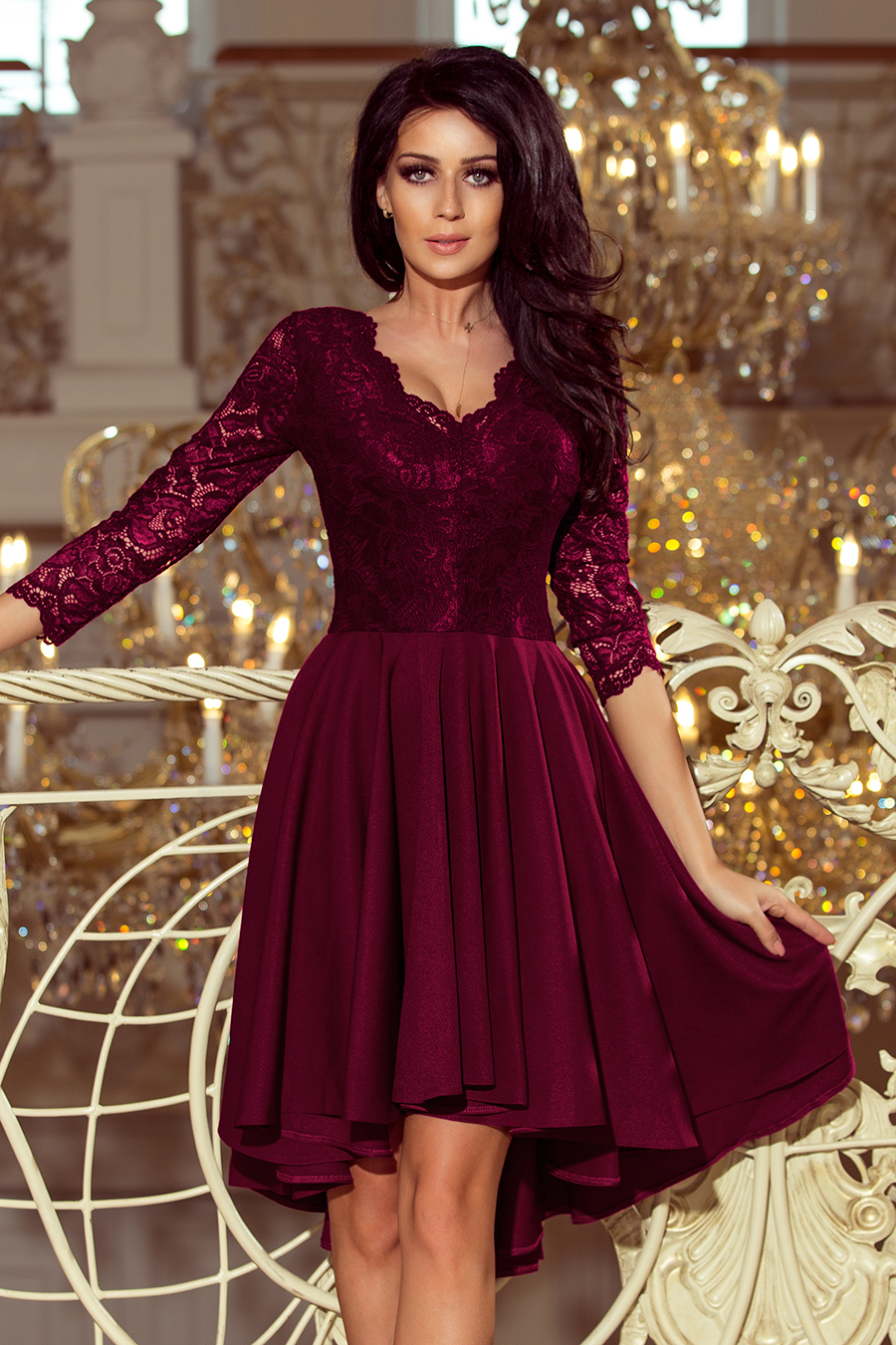 Bordó šaty s čipkovými rukávmi FRANCESCA 210-13 Veľkosť: 2XL