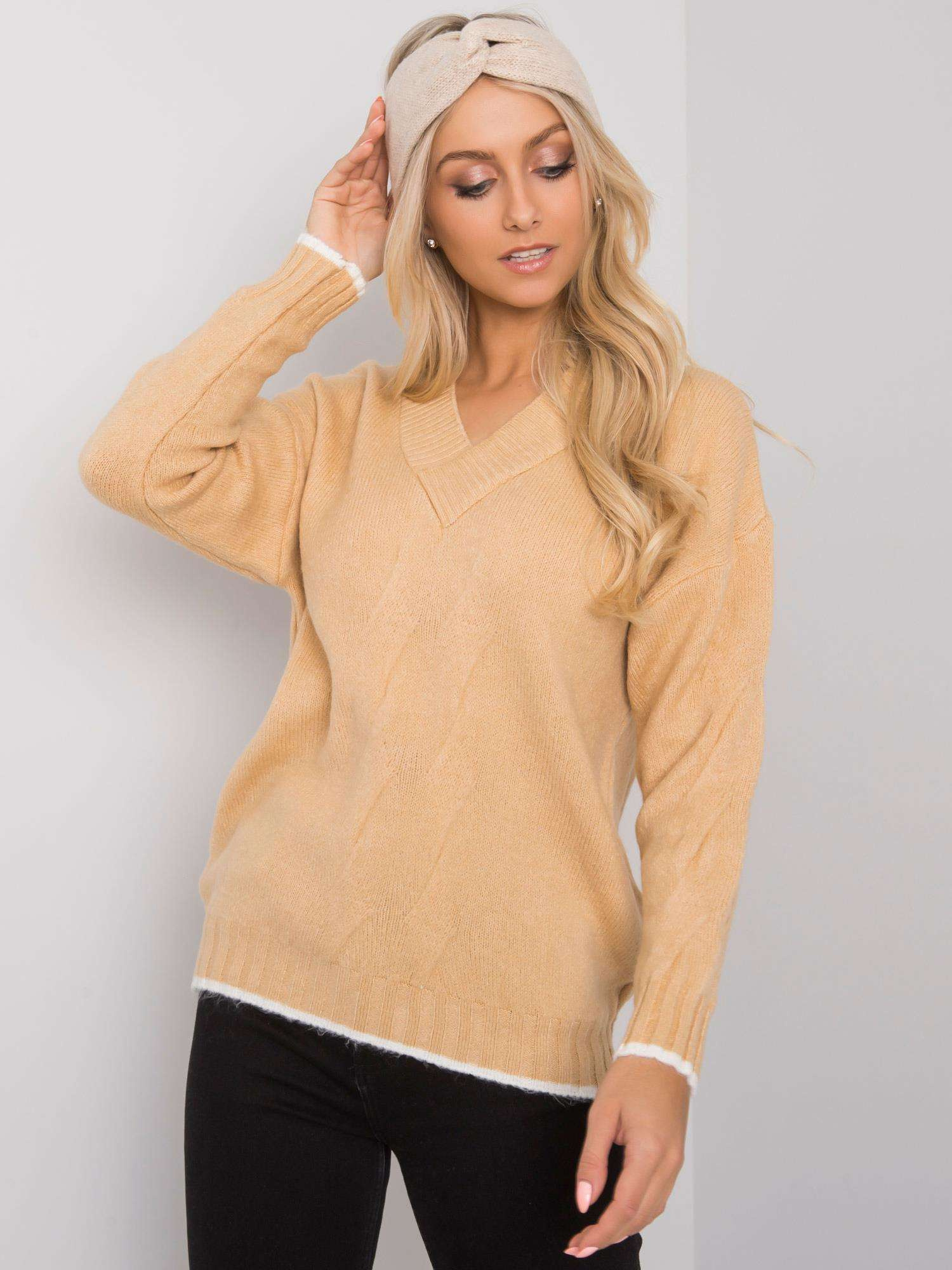 Béžový sveter s V výstrihom Girona ASM-SW-7433.96-beige Veľkosť: ONE SIZE