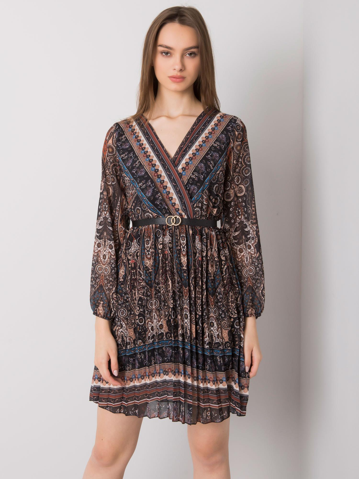 Čierne vzorované šaty s plisovanou sukňou DHJ-SK-10201.93P-black Veľkosť: ONE SIZE