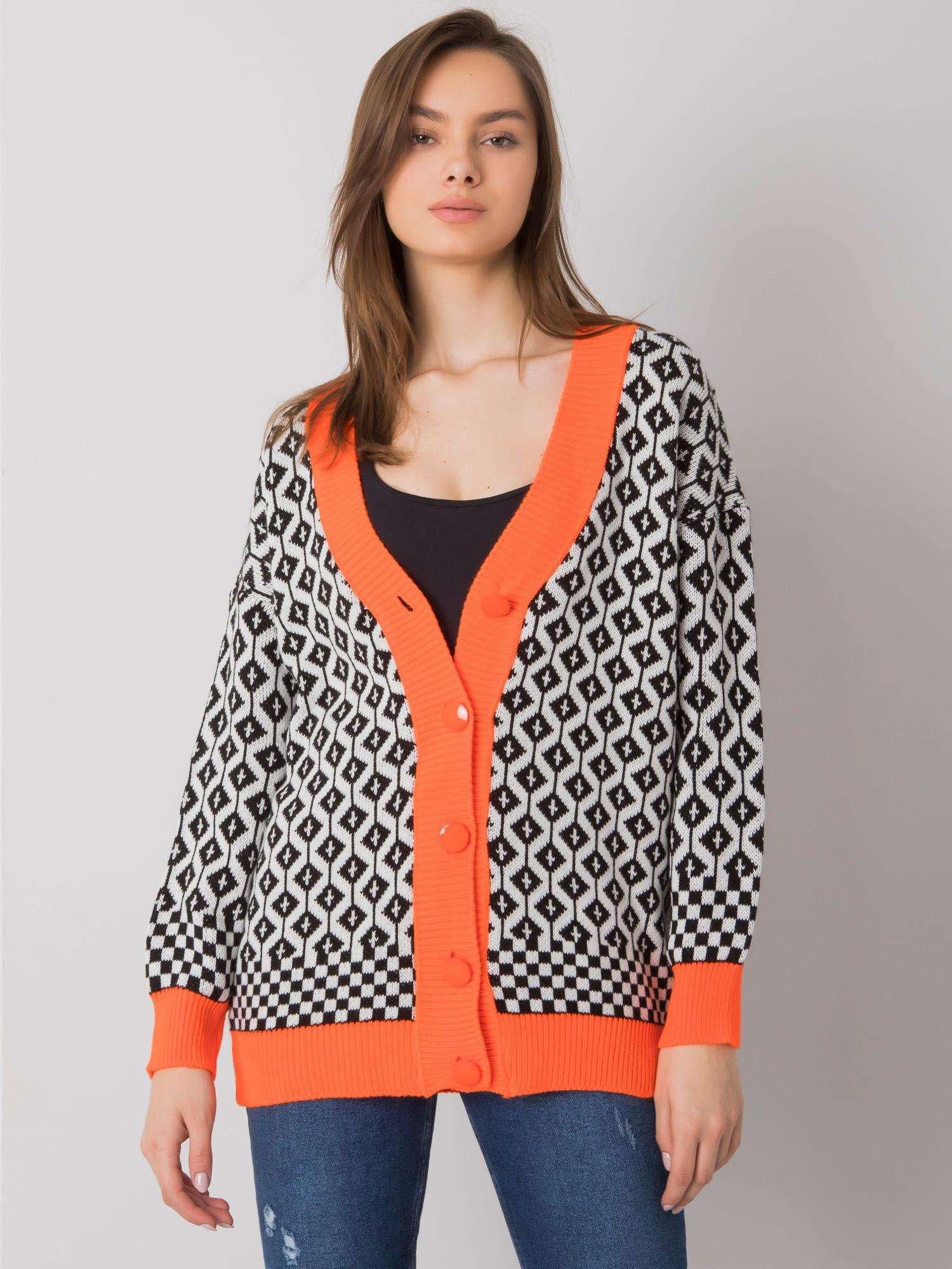Čierno-biely vzorovaný kardigán s oranžovými okrajmi ASM-SW-7531.64-orange Veľkosť: ONE SIZE