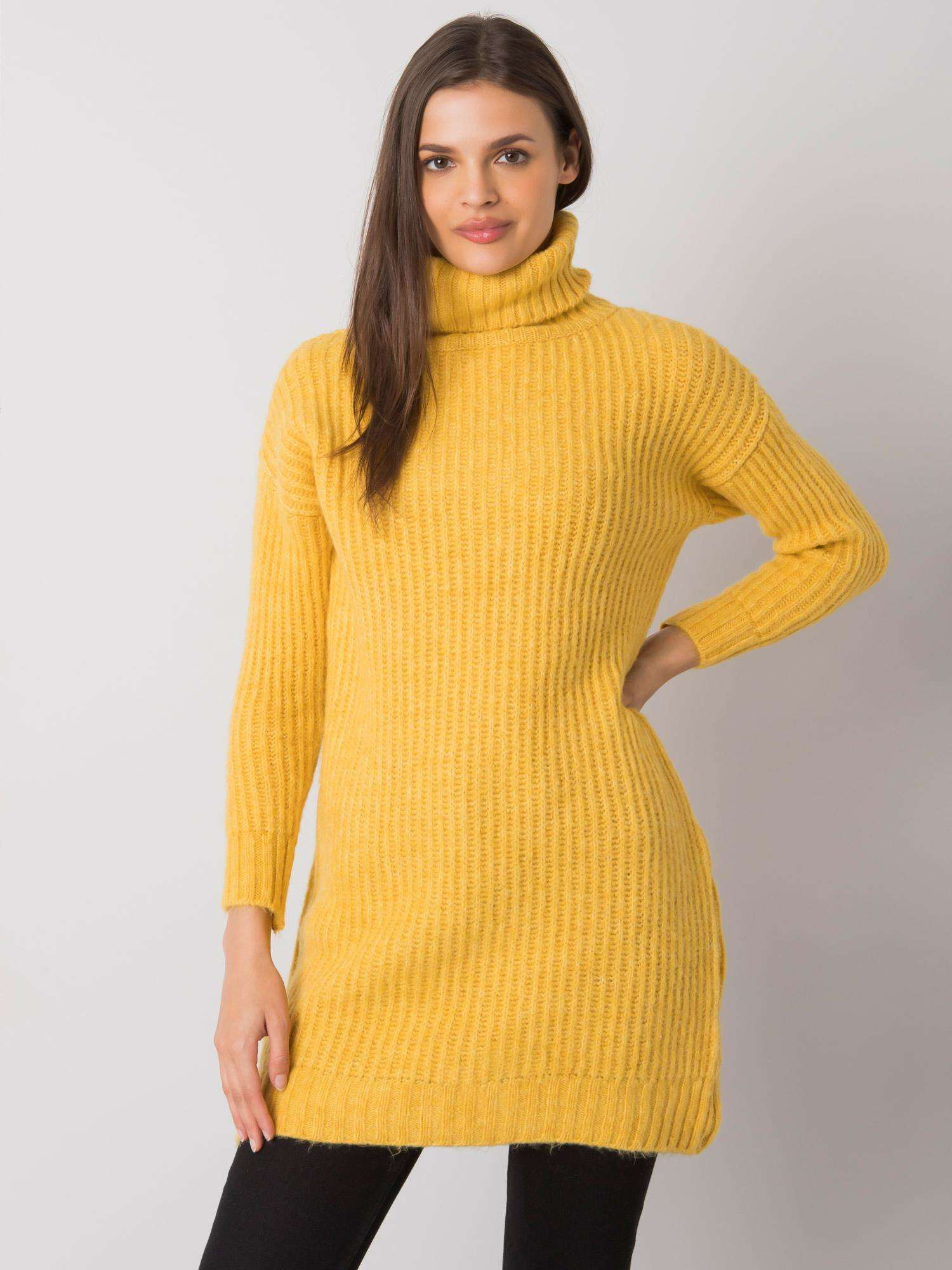 Žltý dlhý pletený rolák -ASM-SW-5041.96P-yellow Veľkosť: ONE SIZE