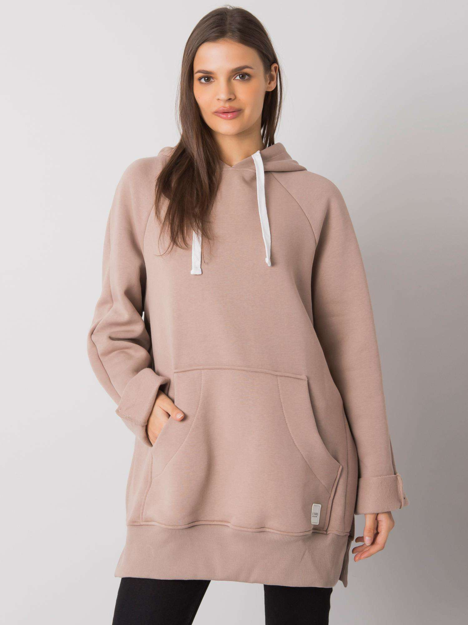 TMAVO BÉŽOVÁ DÁMSKA MIKINA S KAPUCNOU -RV-BL-7371.00P-dark beige Veľkosť: S/M