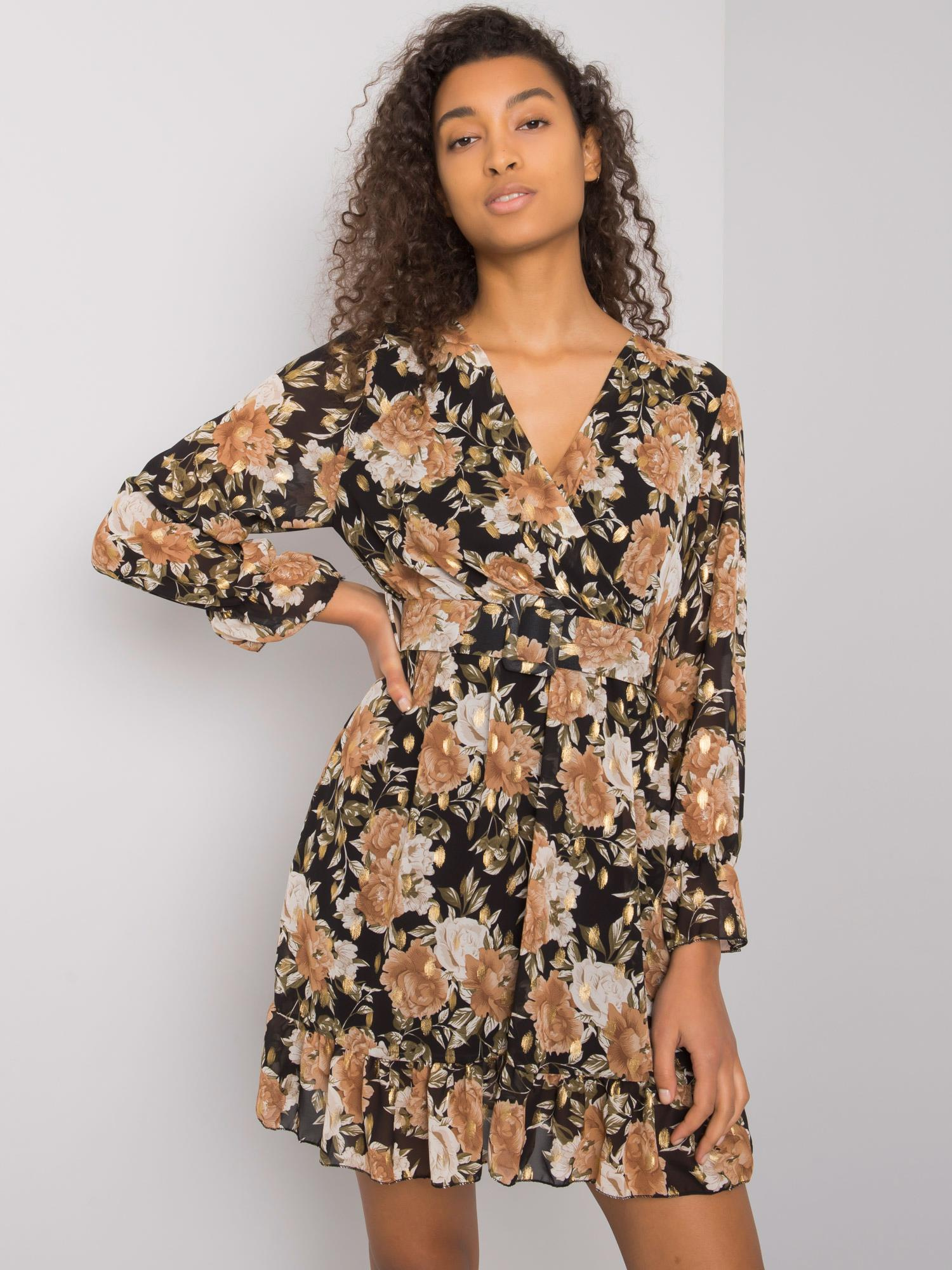 Čierno-béžové kvetované šaty s volánom Alisia DHJ-SK-12220-2.14P-flower print Veľkosť: ONE SIZE