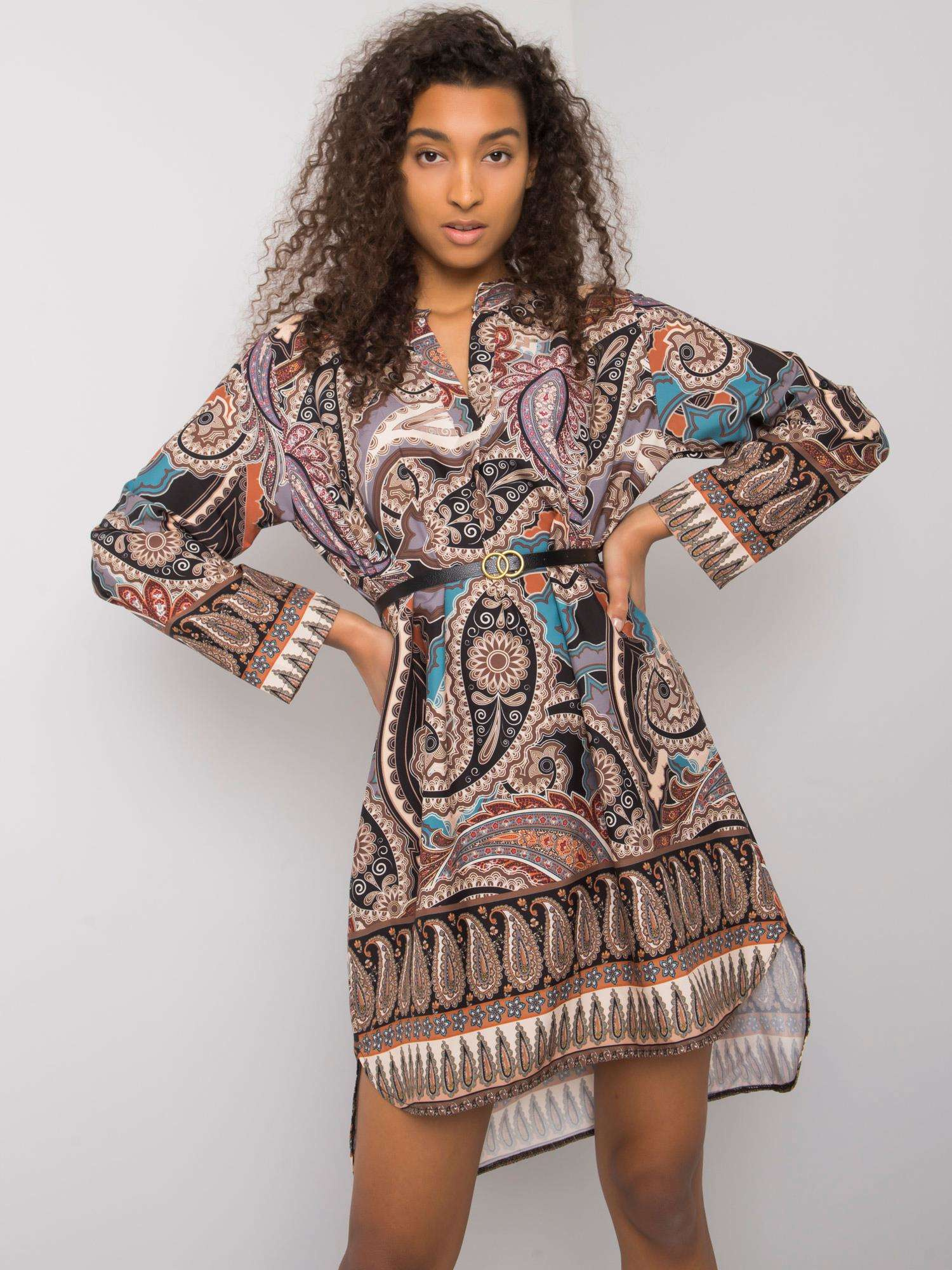 Hnedé šaty Vancouver s etno potlačou DHJ-SK-5766-1.32X-brown Veľkosť: ONE SIZE