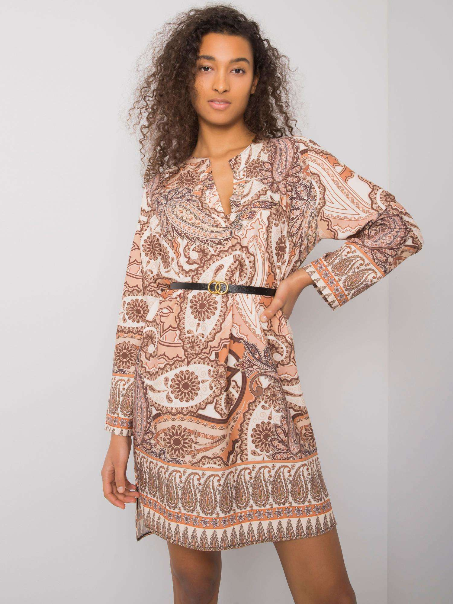 Béžové šaty Vancouver s etno potlačou DHJ-SK-5766-1.32X-beige Veľkosť: ONE SIZE