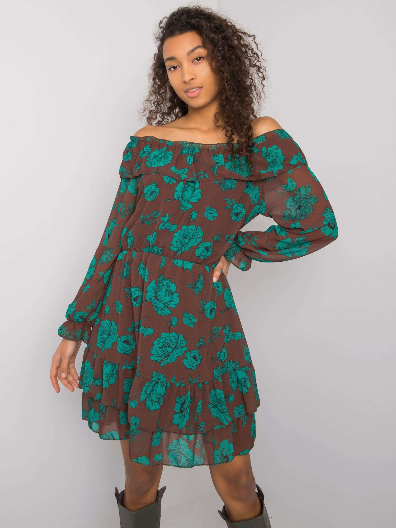 Hnedo-tyrkysové kvetované carmen šaty Briannon DHJ-SK-15015.56P-flower print Veľkosť: ONE SIZE