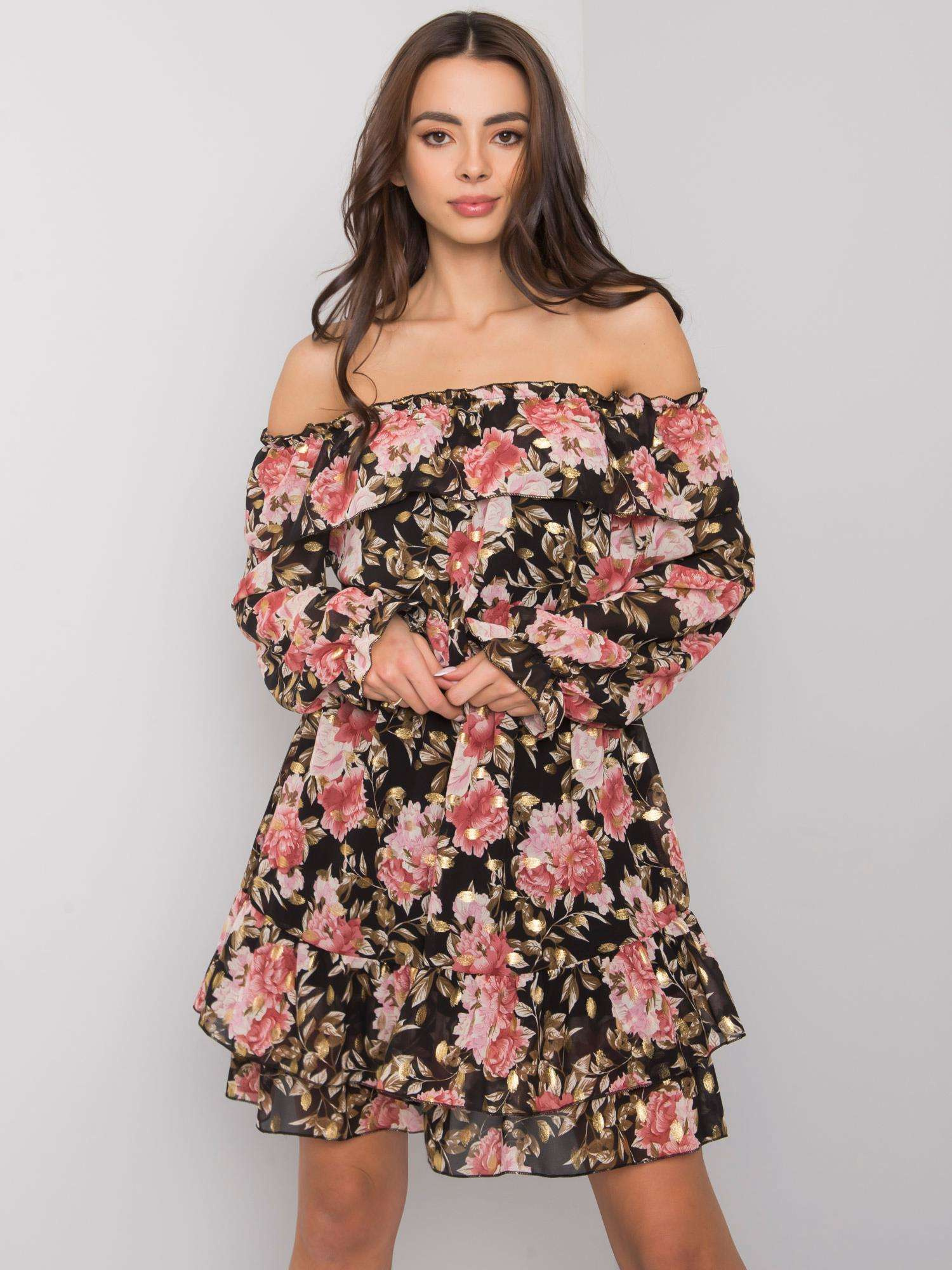 Čierno-ružové mini šaty s potlačou ruží DHJ-SK-15015-2.73P-black-pink Veľkosť: ONE SIZE