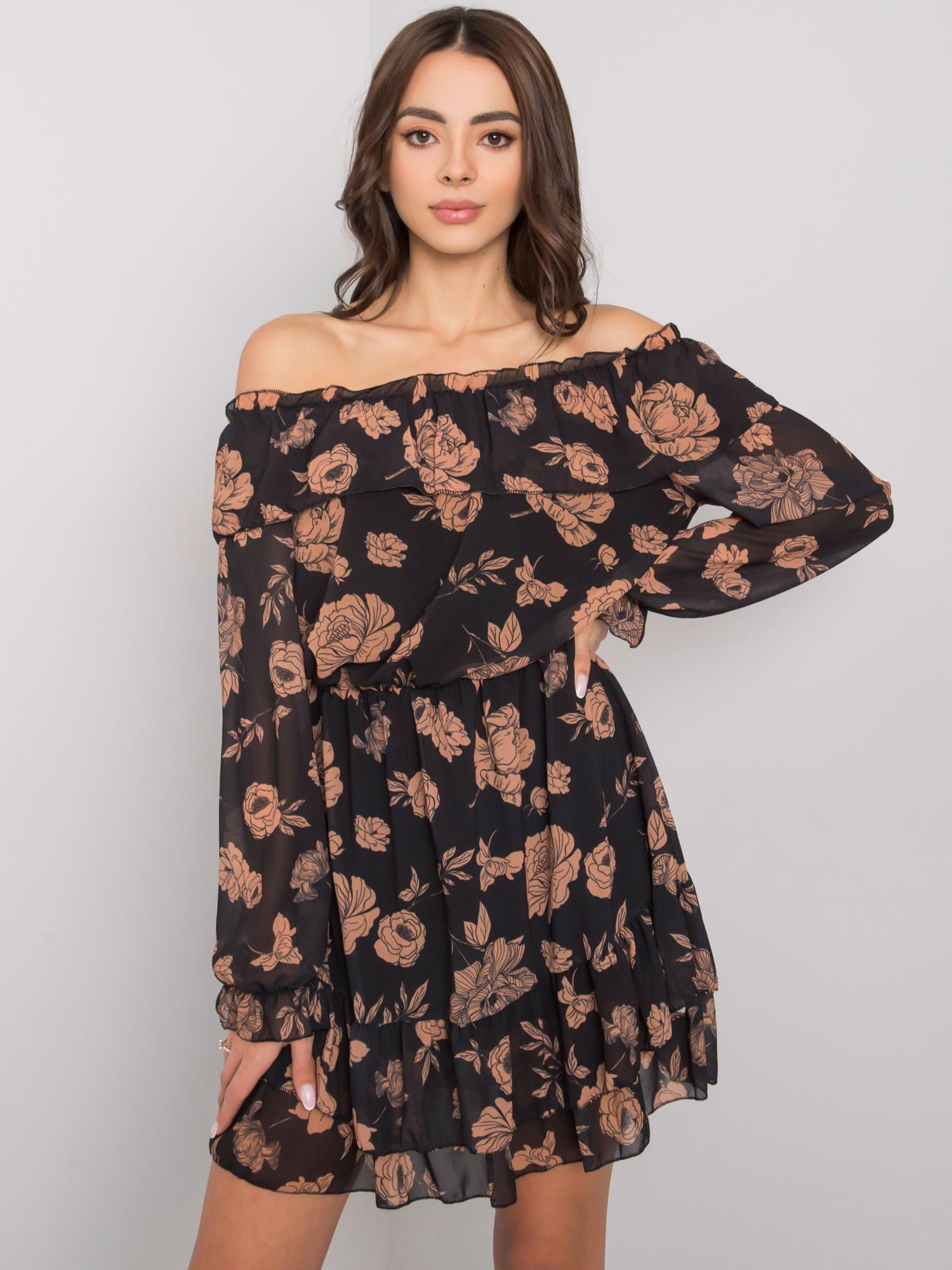 Čierno-béžové mini šaty s potlačou ruží DHJ-SK-15015.56P-black-beige Veľkosť: ONE SIZE