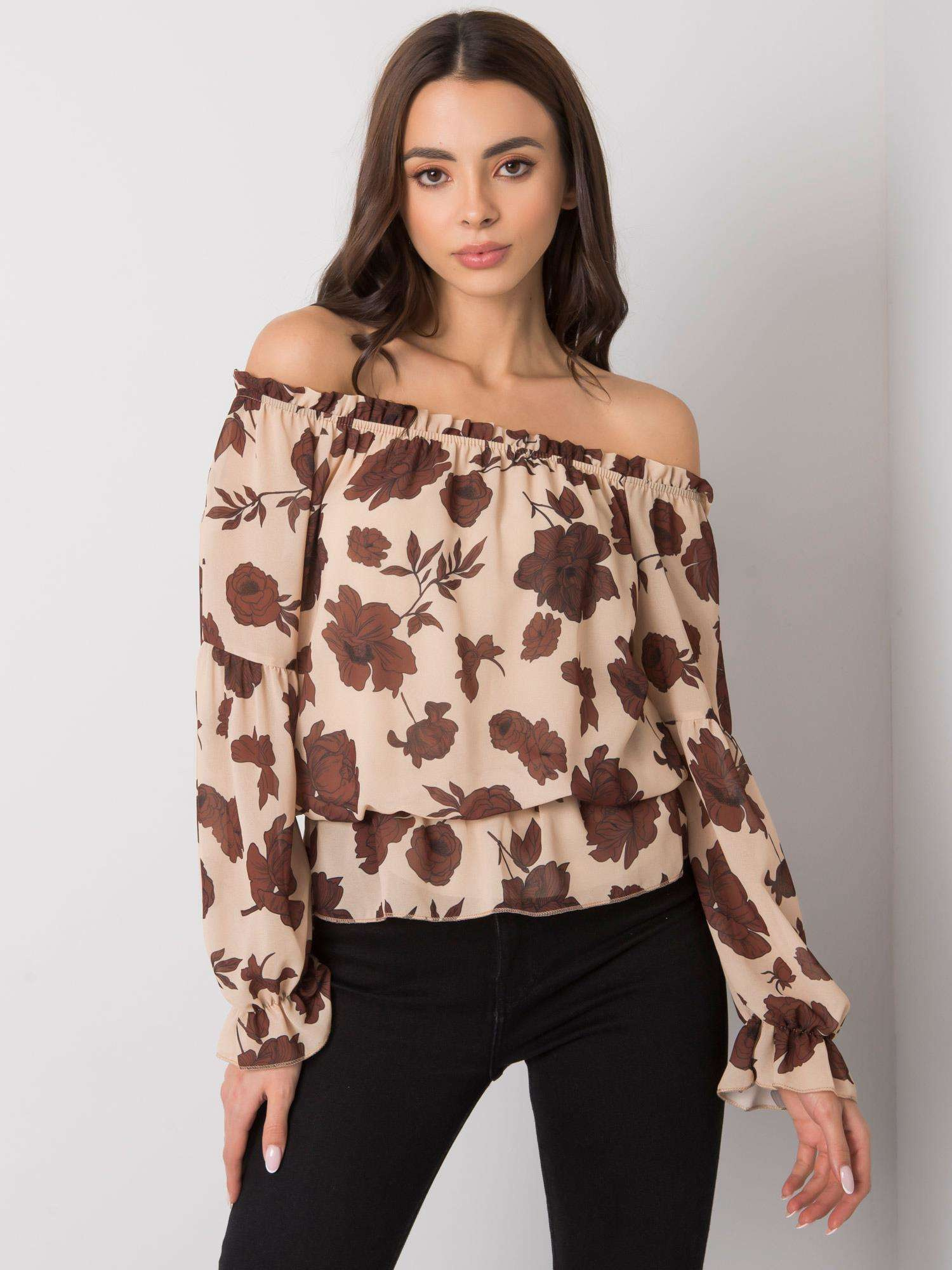 Béžová dámska blúzka s potlačou kvetín DHJ-BZ-15168.15P-beige Veľkosť: ONE SIZE