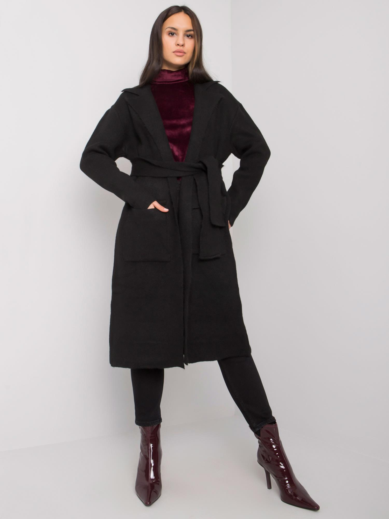 Čierny dlhý pletený kardigan s opaskom LC-SW-844.33X-black Veľkosť: ONE SIZE