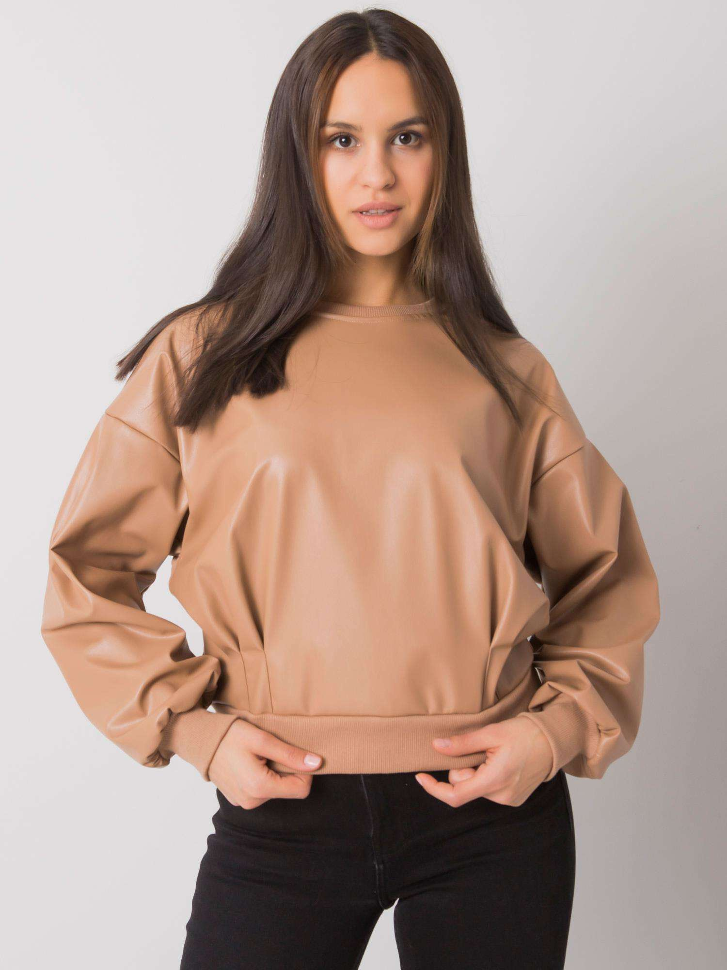 Béžová mikina Ancora s prednou časťou z eko kože RV-BL-7352.52-beige Veľkosť: S/M