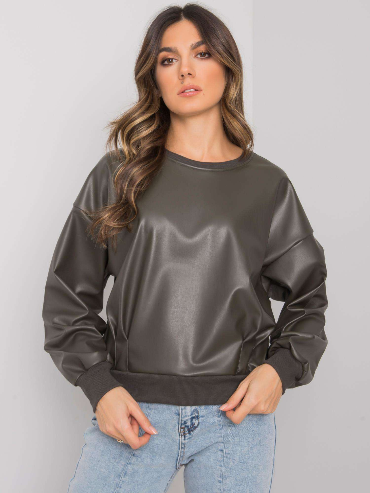 Khaki mikina Ancora s prednou časťou z eko kože RV-BL-7352.52-khaki Veľkosť: L/XL