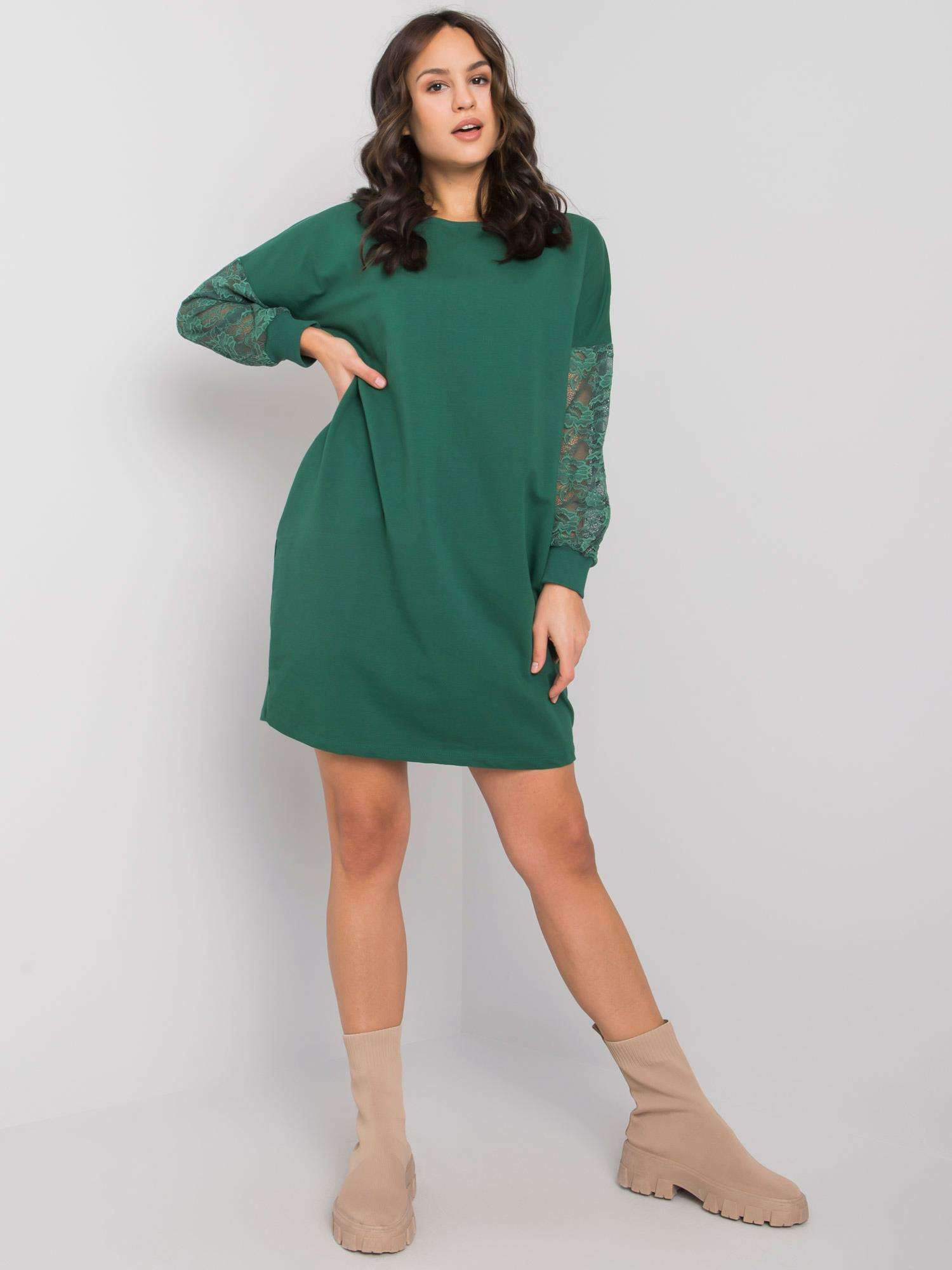 Tmavozelené mikinové šaty Alexxie s čipkovými rukávmi RV-SK-7345.73-green Veľkosť: S/M