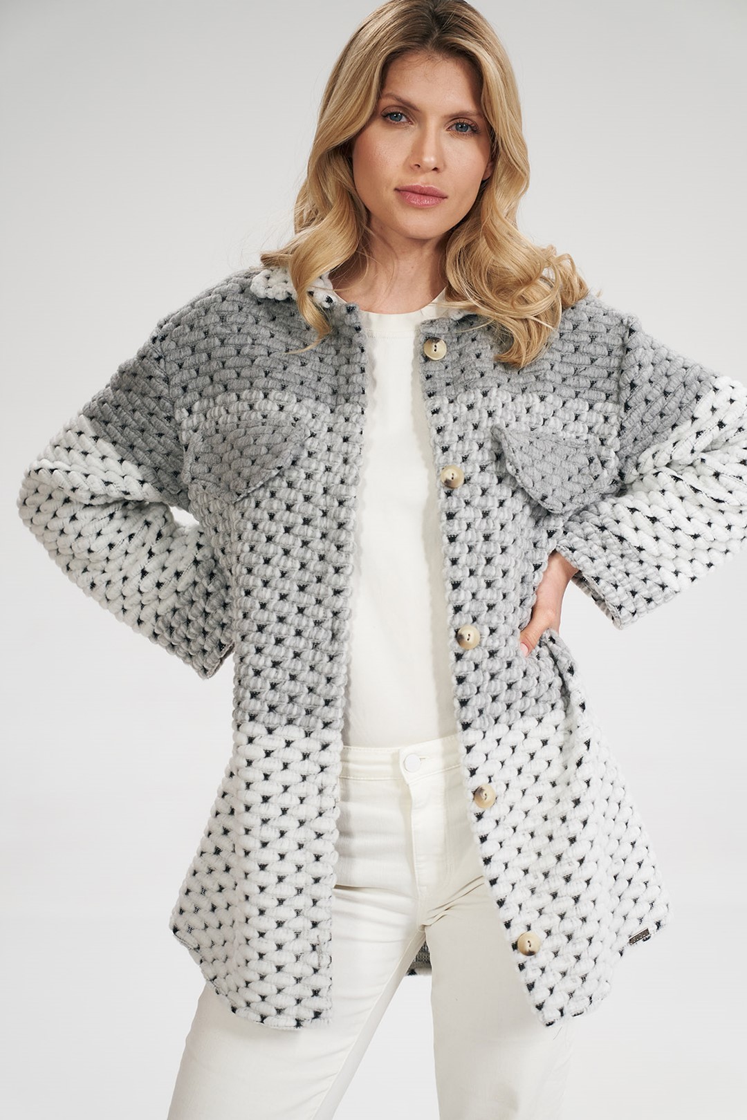 Šedá pletená košeľová bunda M857 Grey-Striped Veľkosť: L/XL