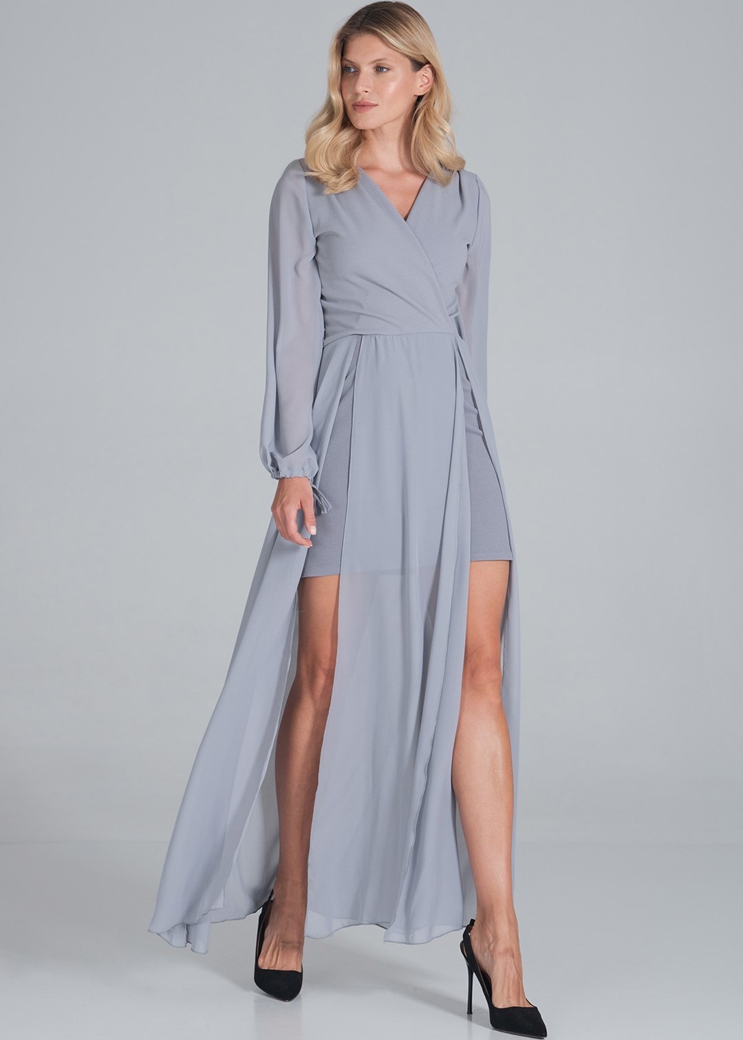 Sivé elegantné šaty so šifónom M850 Grey Veľkosť: S