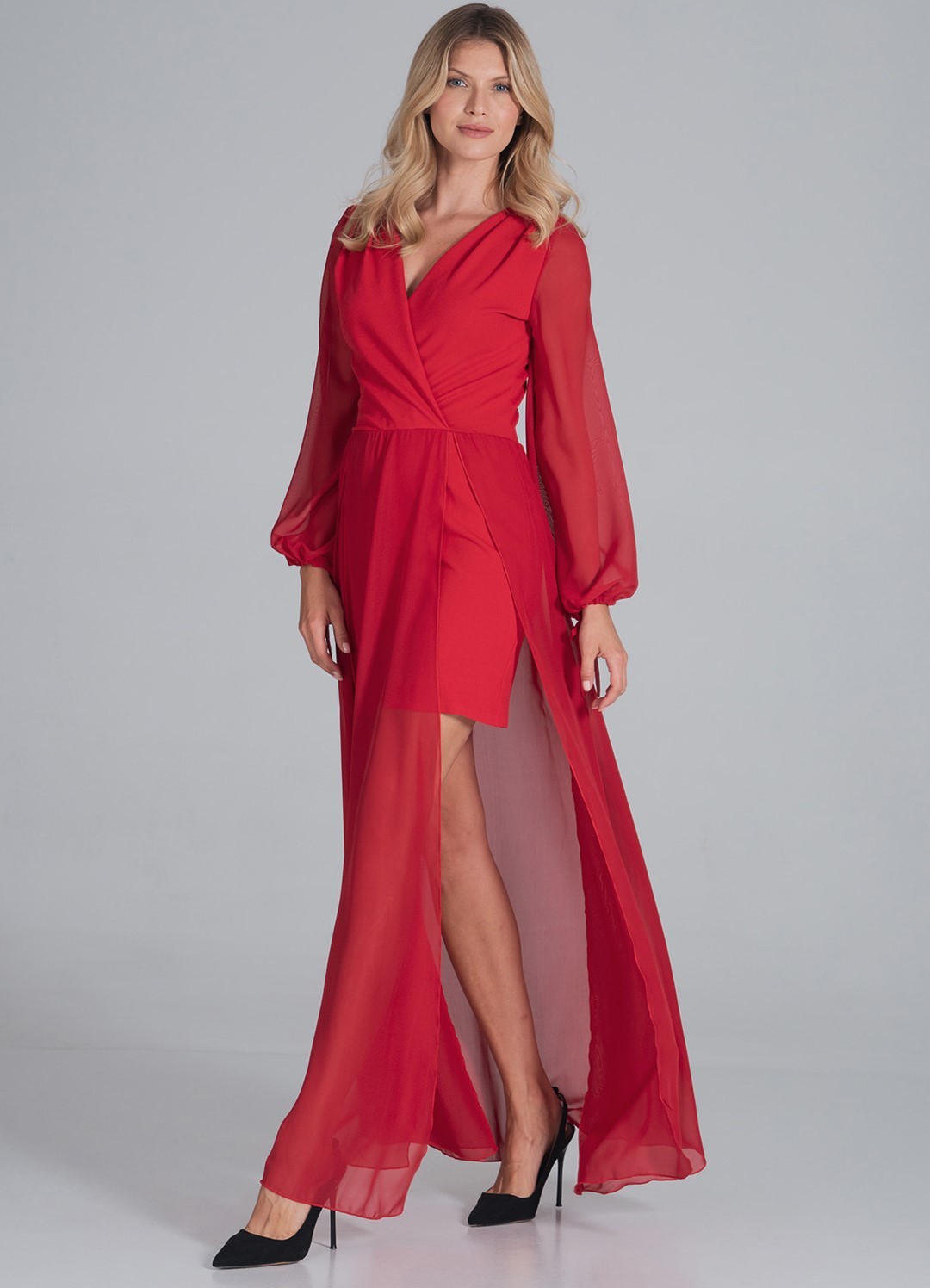 Červené elegantné šaty so šifónom M850 Red Veľkosť: S