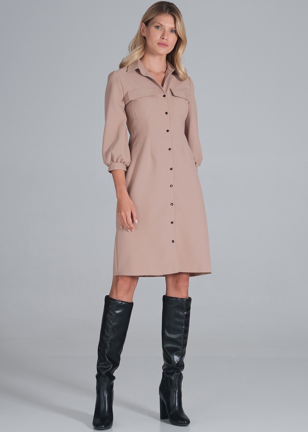 Béžové košeľové midi šaty M849 Beige Veľkosť: S