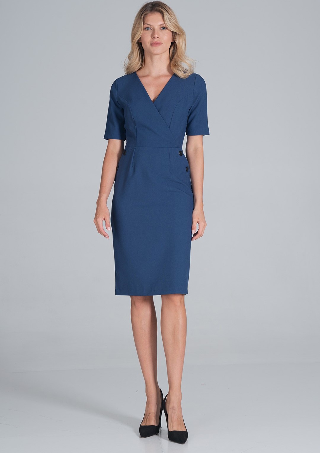 Modré puzdrové midi šaty s gombíkmi M851 Blue Veľkosť: M