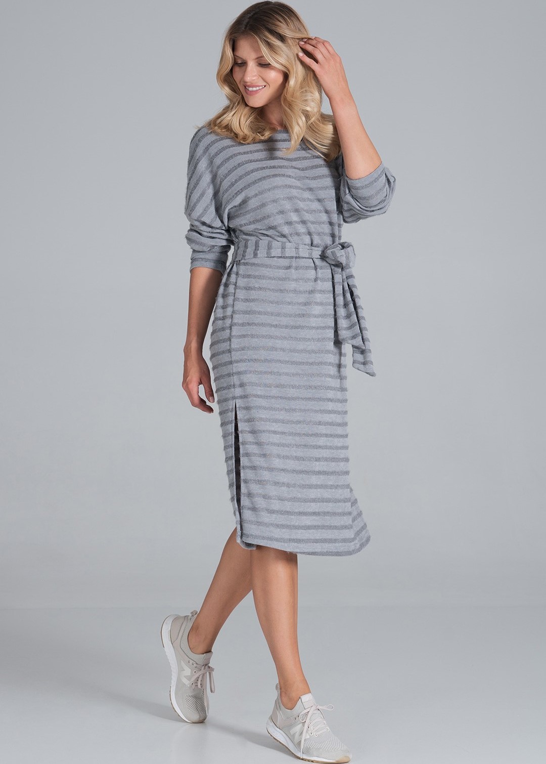 Šedé pruhované midi šaty s dlhým rukávom M848 Grey Veľkosť: S/M
