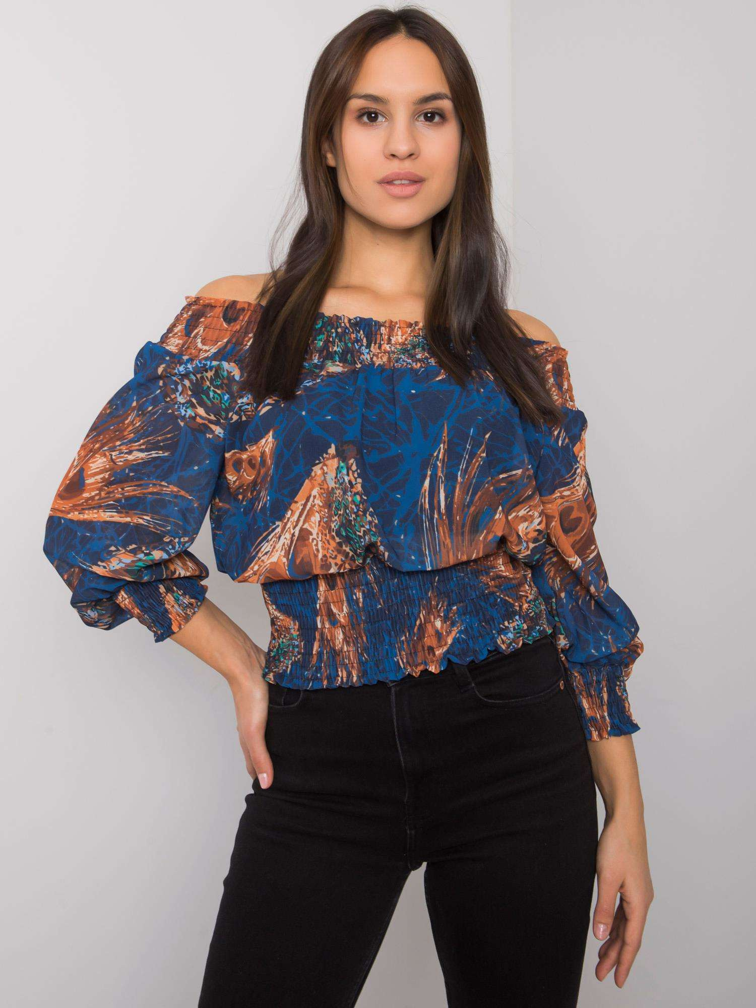 Tmavomodrá dámska vzorovaná blúzka DHJ-BZ-15175-1.11P-dark blue Veľkosť: ONE SIZE