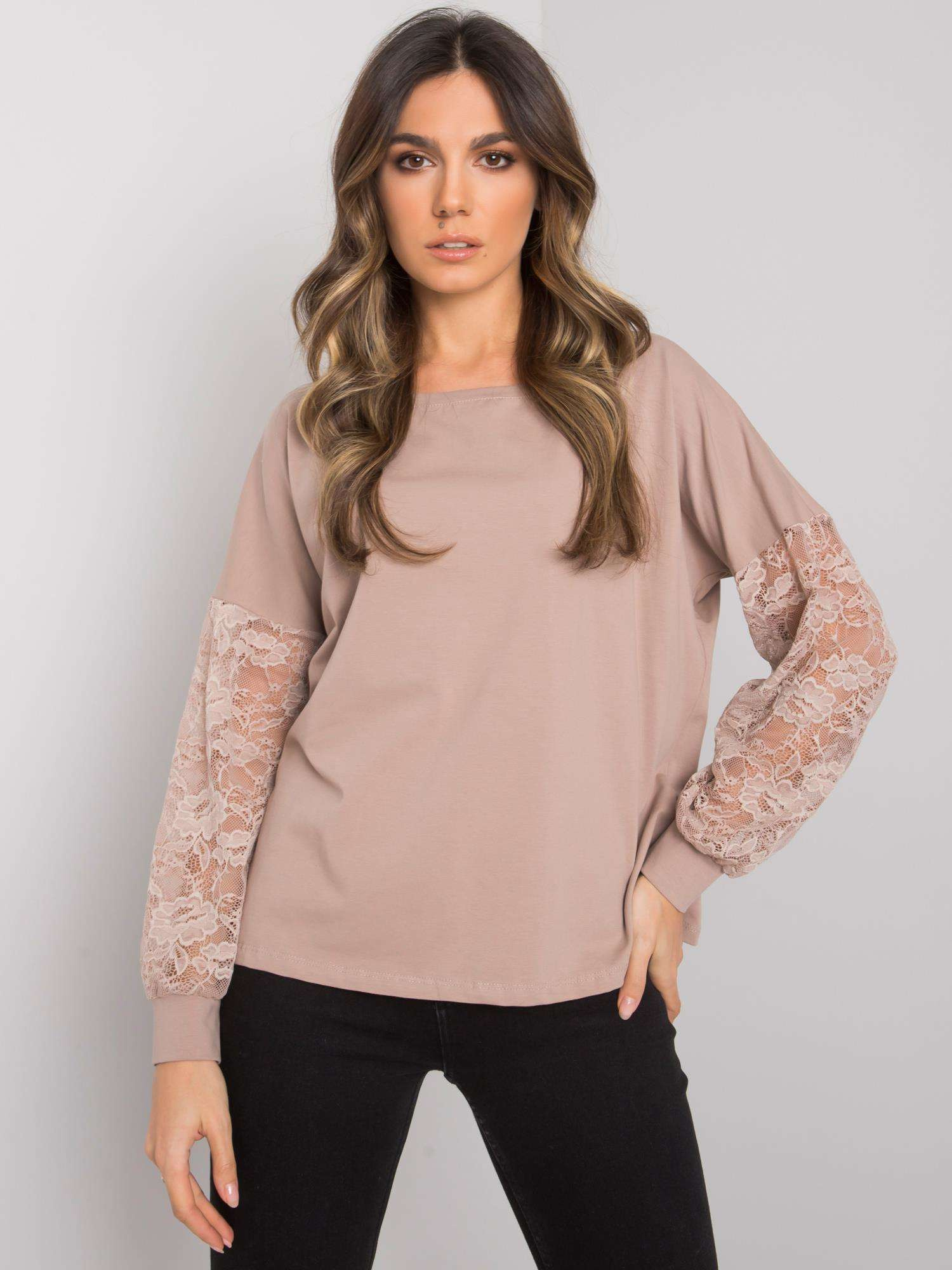Béžové dámske tričko s čipkovými rukávmi RV-BZ-7342.03-beige Veľkosť: L/XL