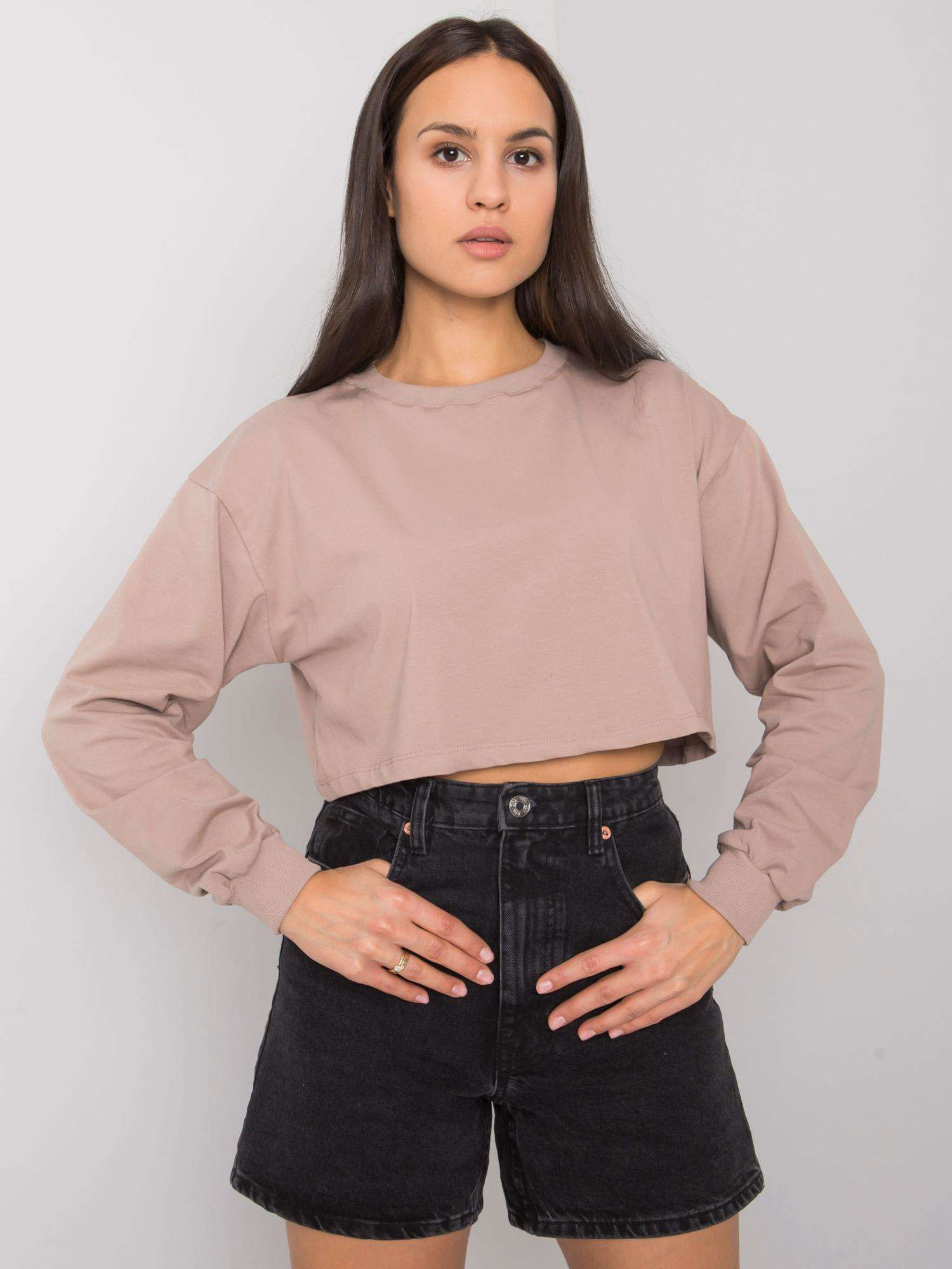 Béžové voľné crop tričko s dlhými rukávmi RV-BZ-7309.54-beige Veľkosť: L/XL
