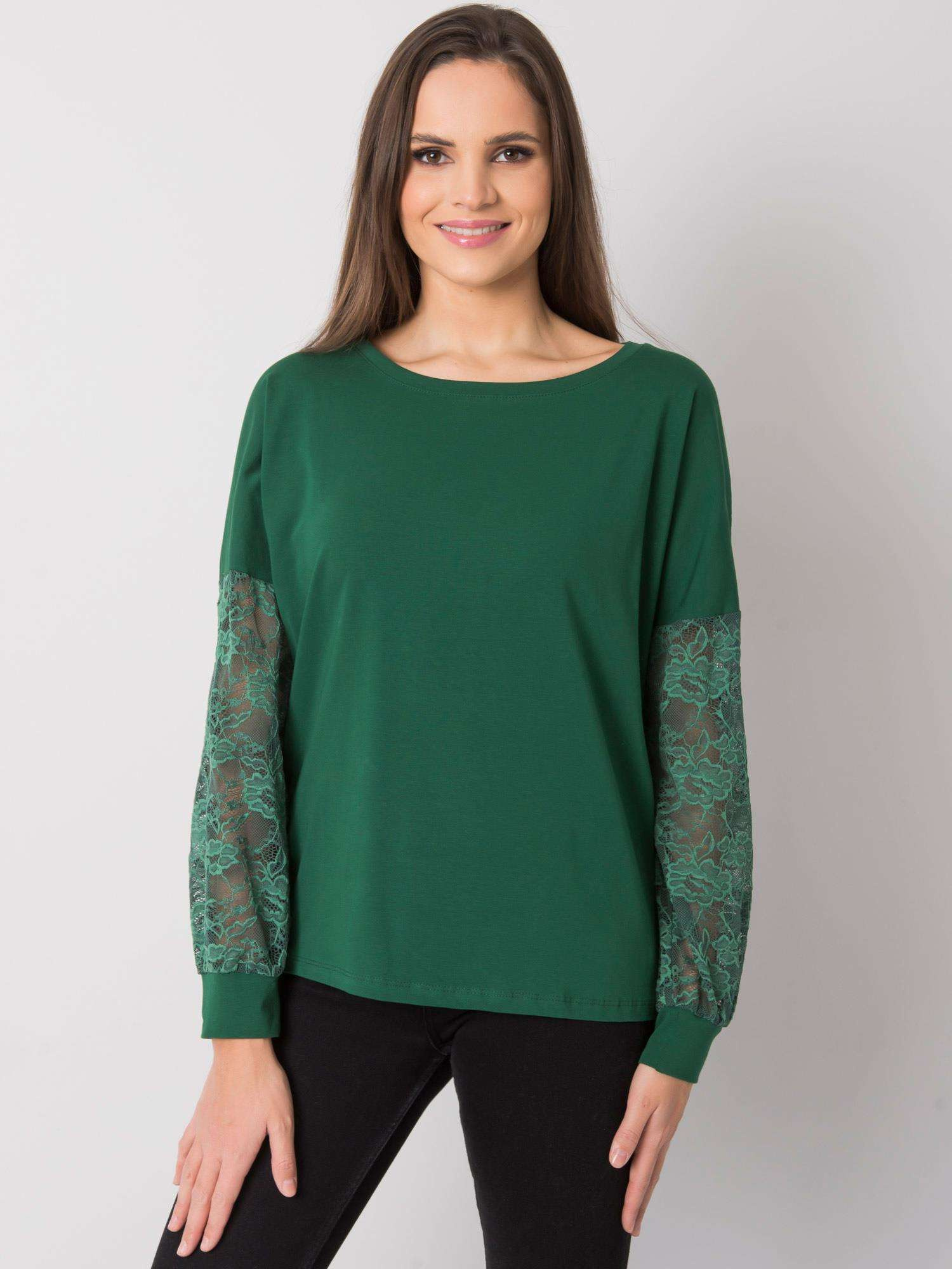 Tmavozelené dámske tričko s čipkovými rukávmi RV-BZ-7342.03-dark green Veľkosť: S/M