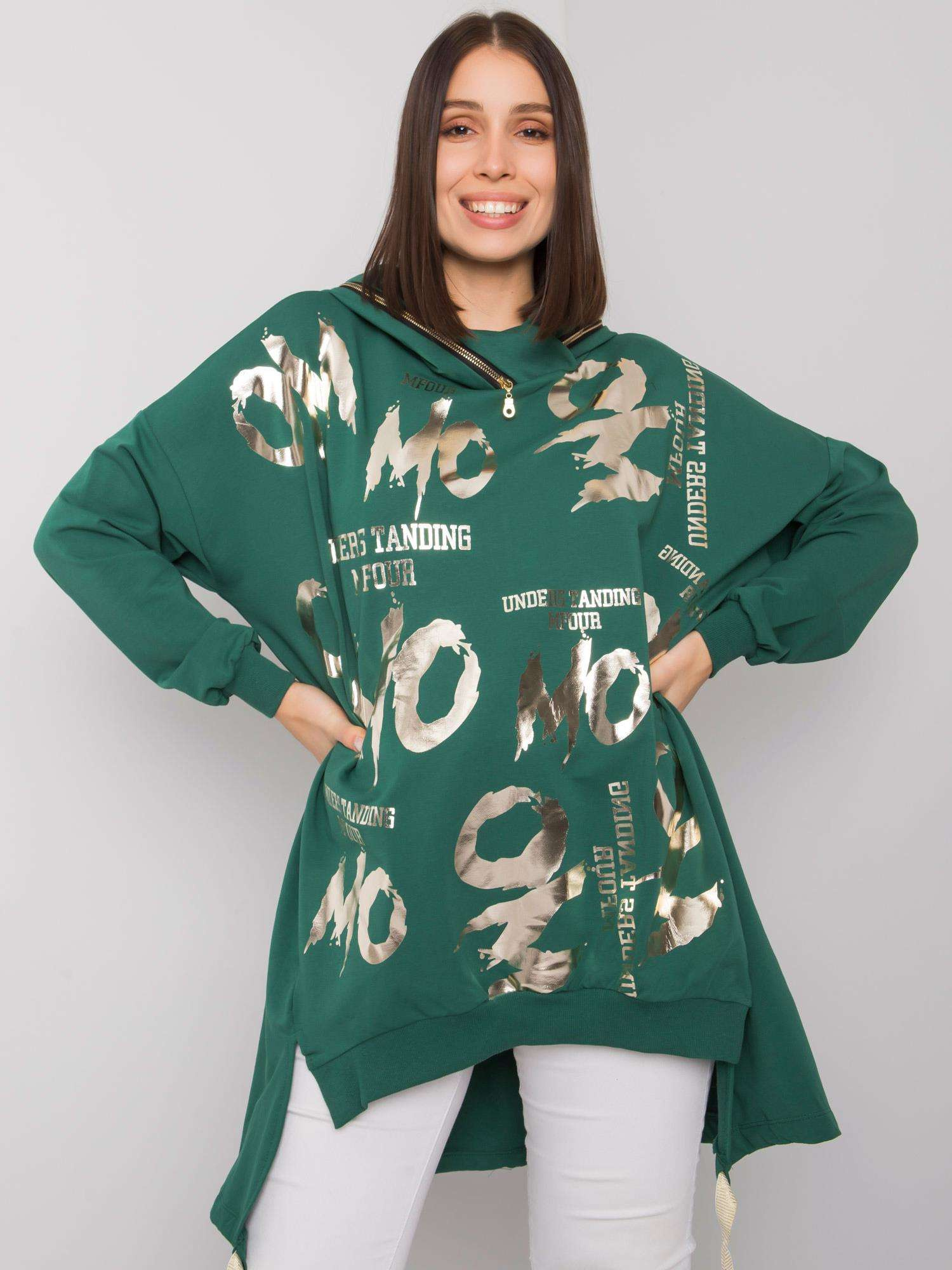 Zelená asymetrická mikina Allisia so zlatou potlačou -RV-BL-7274.75P-green Veľkosť: ONE SIZE