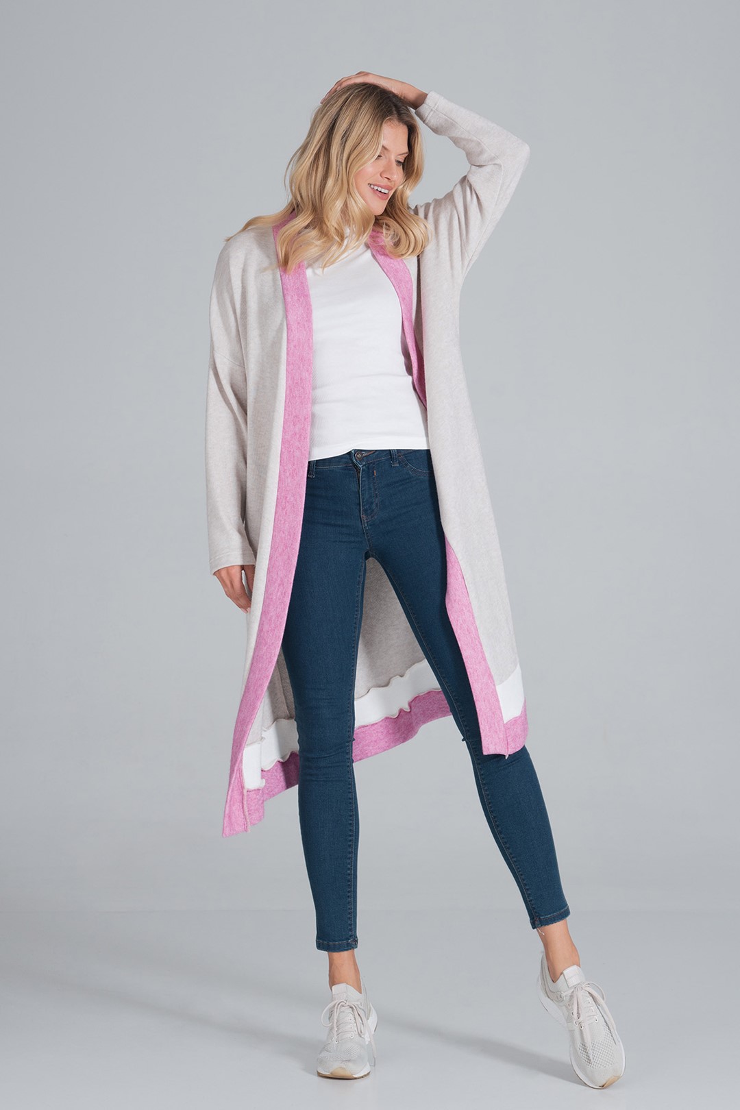 Béžový kardigan s bielym pruhom a ružovým lemovaním M845 Beige-Fuchsia-White Veľkosť: ONE SIZE