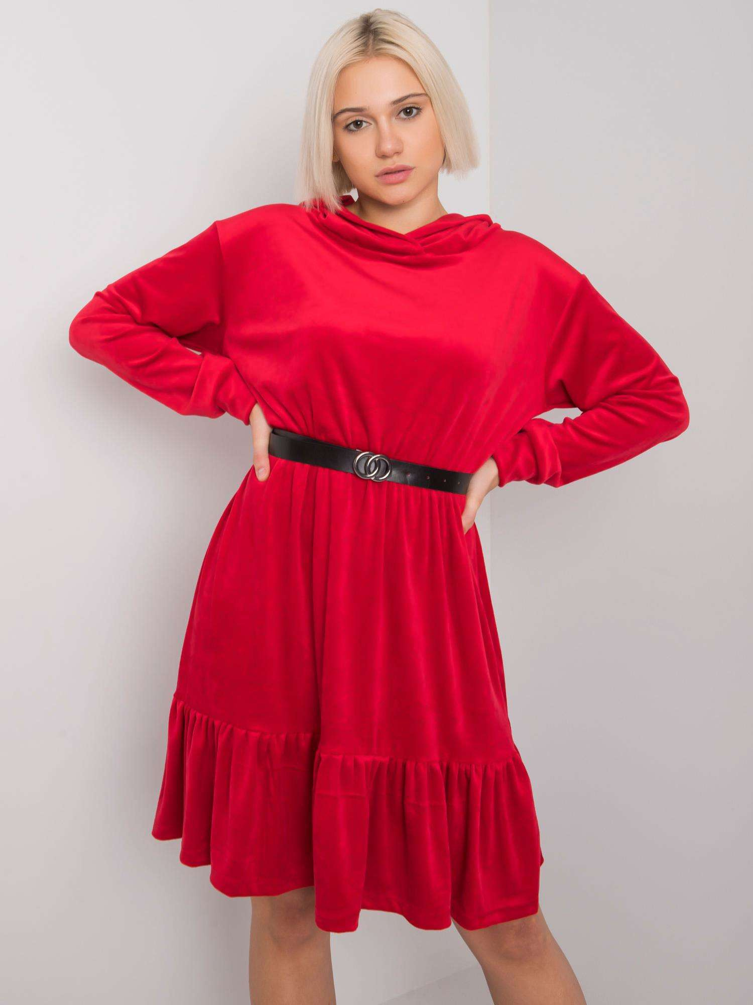 Červené velúrové mini šaty s kapucňou FA-SK-7563.11P-red Veľkosť: ONE SIZE