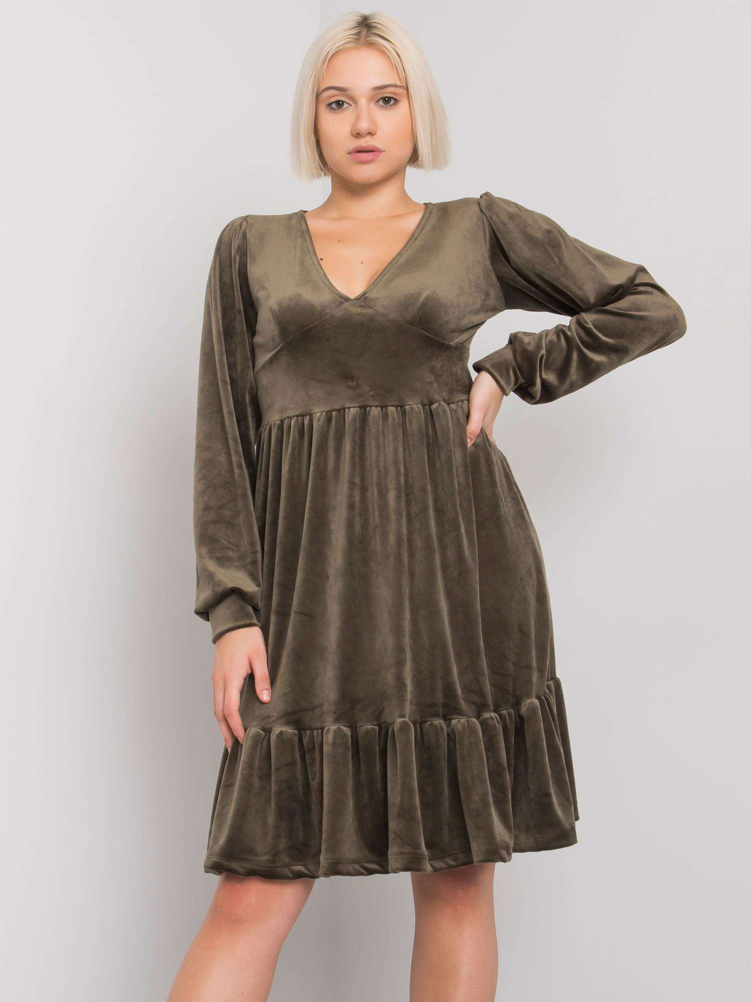 Khaki dámske šaty s riasením FA-SK-7530.84P-khaki Veľkosť: ONE SIZE