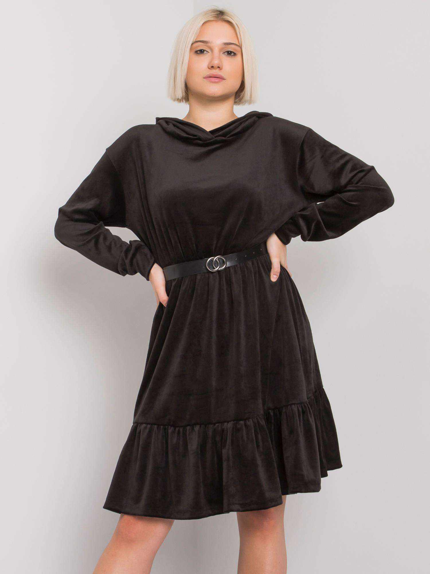 Čierne velúrové mini šaty s kapucňou FA-SK-7563.11P-black Veľkosť: ONE SIZE