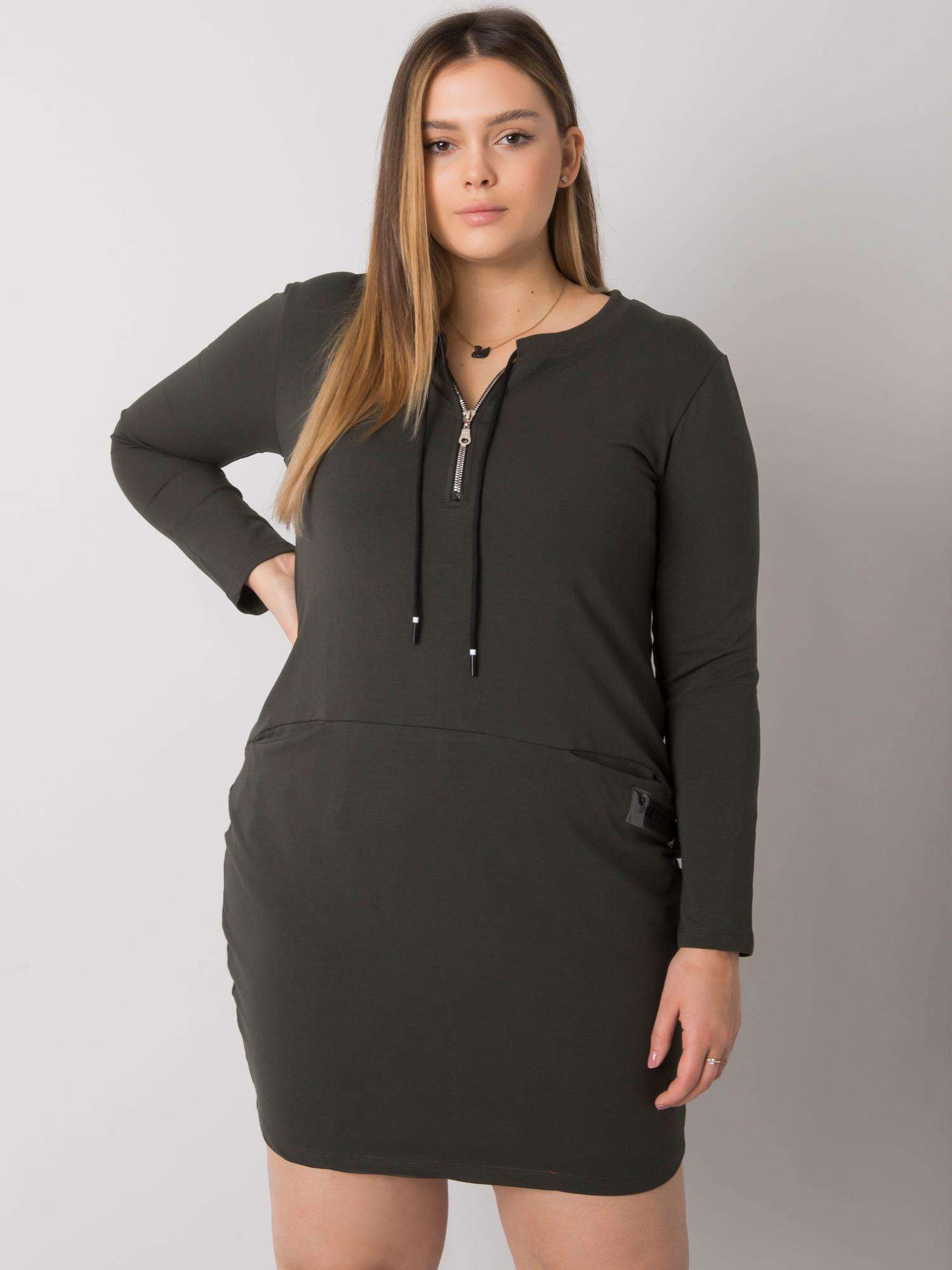 Khaki priliehavé mikinové šaty so zipsom RV-SK-7241.43-khaki Veľkosť: ONE SIZE