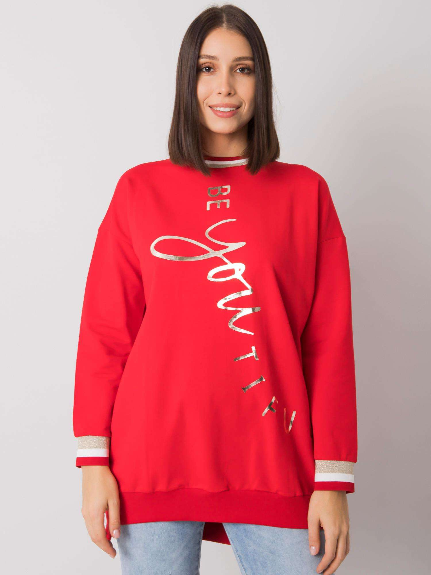 Červená tunika Jamellia so zvislým nápisom "beYOUtiful" RV-TU-7269.78P-red Veľkosť: ONE SIZE