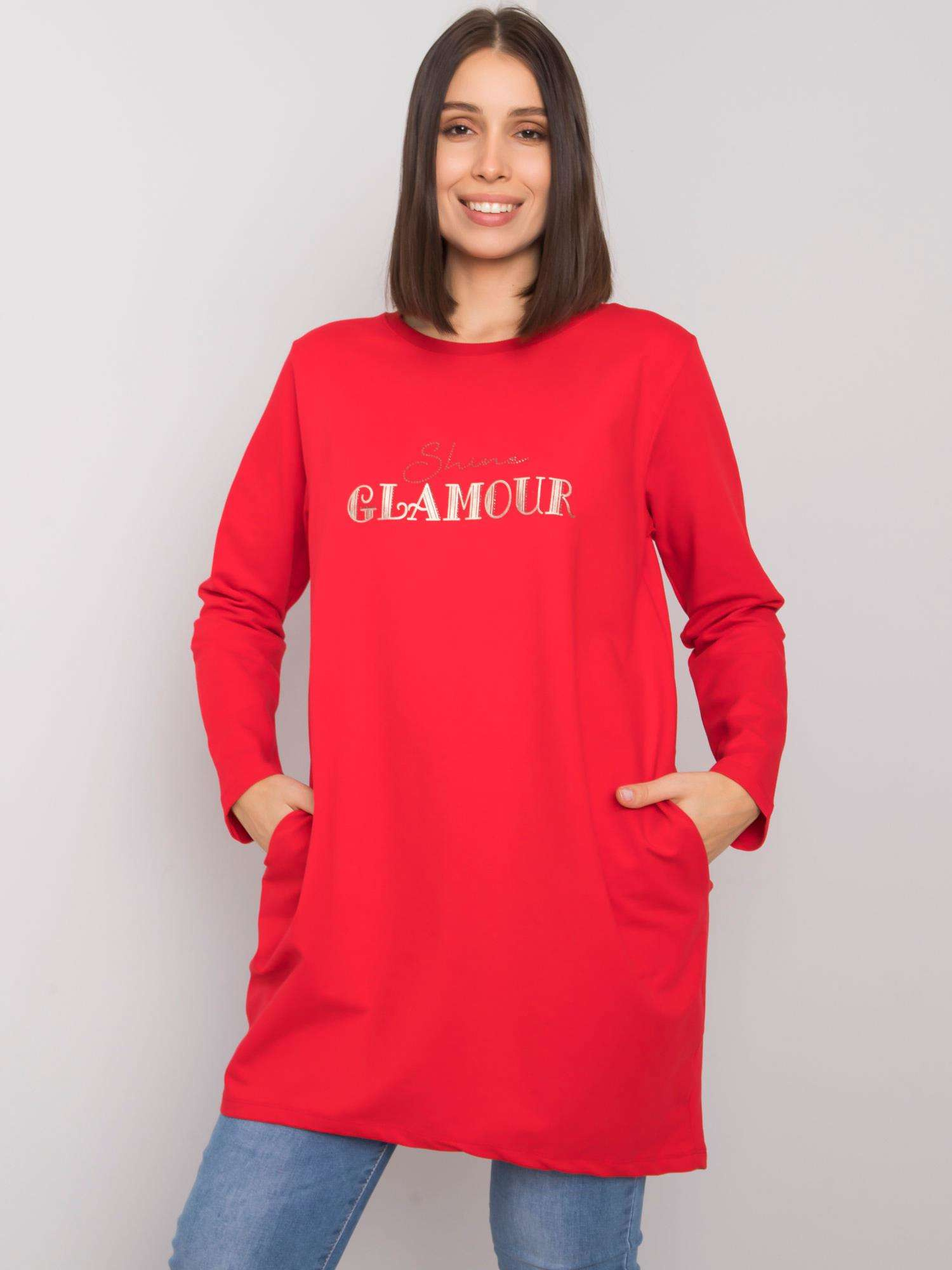 Červená voľná tunika Alexiah s nápisom "Shine Glamour" RV-TU-7277.76P-red Veľkosť: ONE SIZE