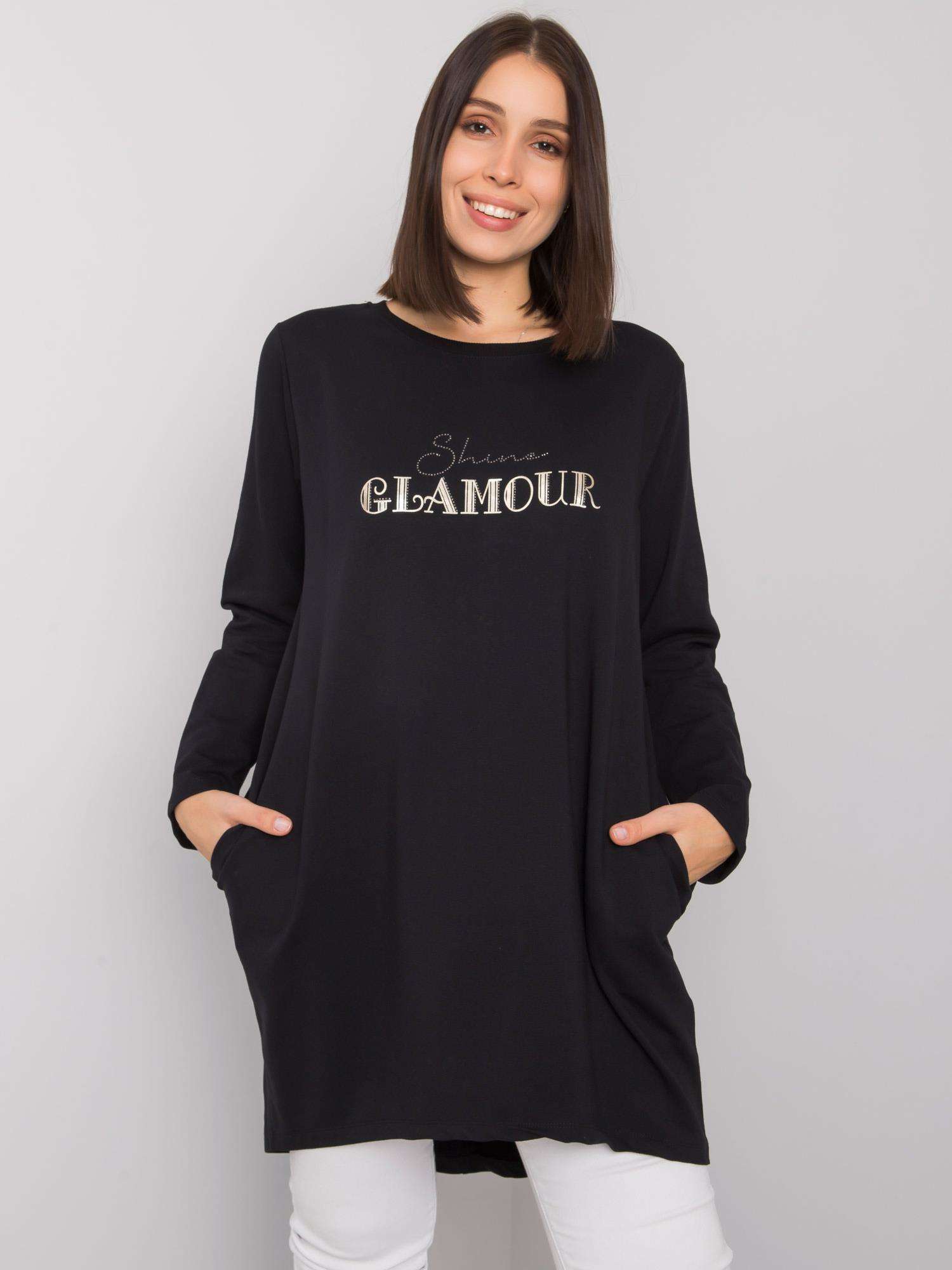 ČIERNA VOĽNÁ TUNIKA ALEXIAH S NÁPISOM "SHINE GLAMOUR" RV-TU-7277.76P-BLACK Veľkosť: ONE SIZE