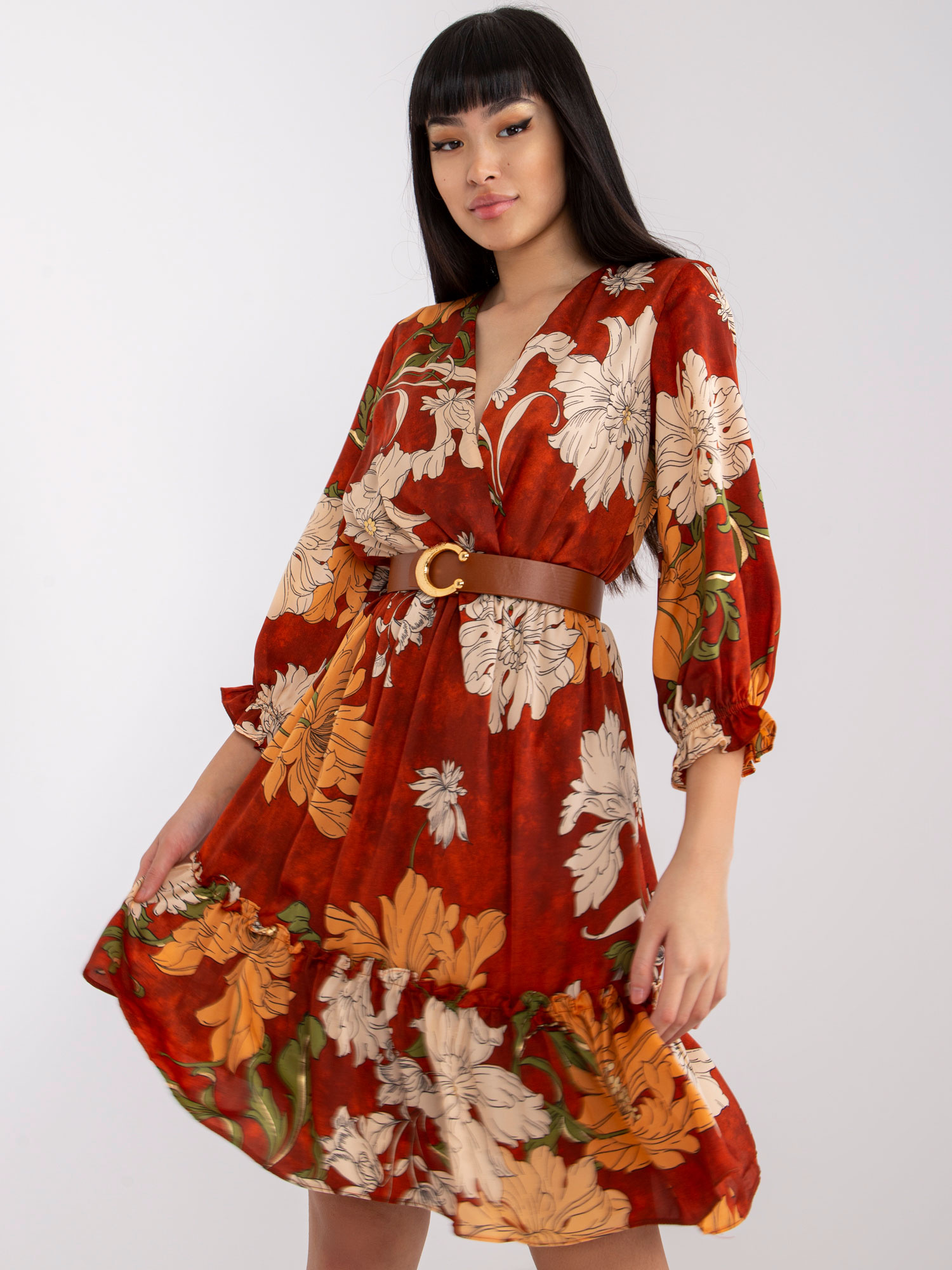 Hnedé dámske kvetinové mini šaty LC-SK-22K-3039.51P-brown Veľkosť: XL
