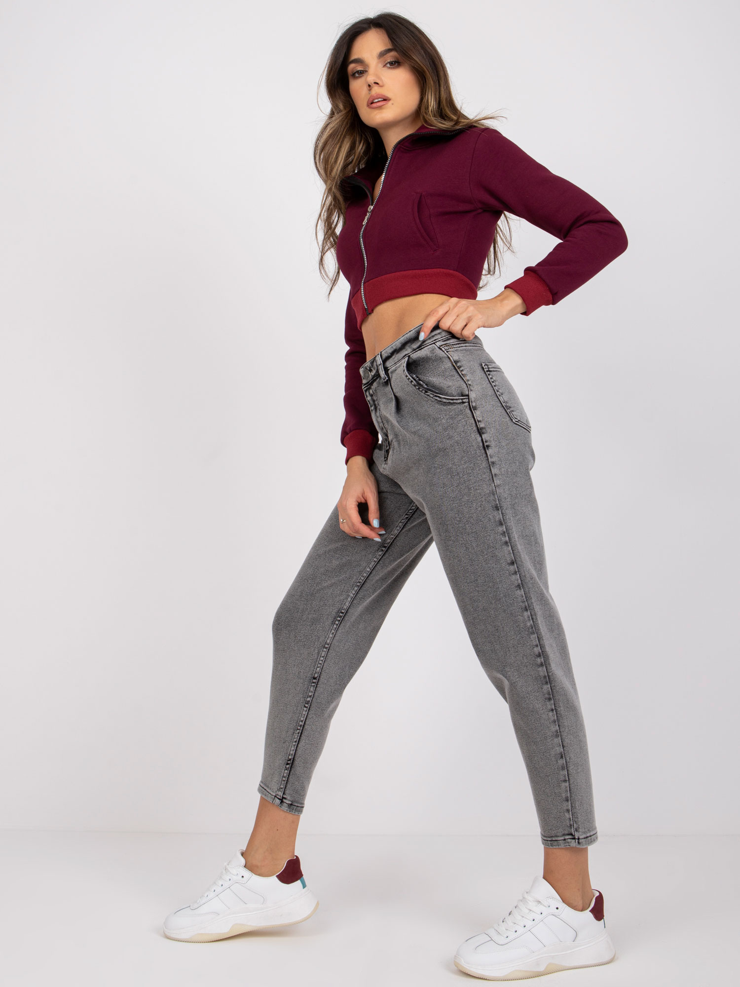 Šedé dámske džínsy s vysokým pásom MR-SP-255.56P-gray Veľkosť: 25