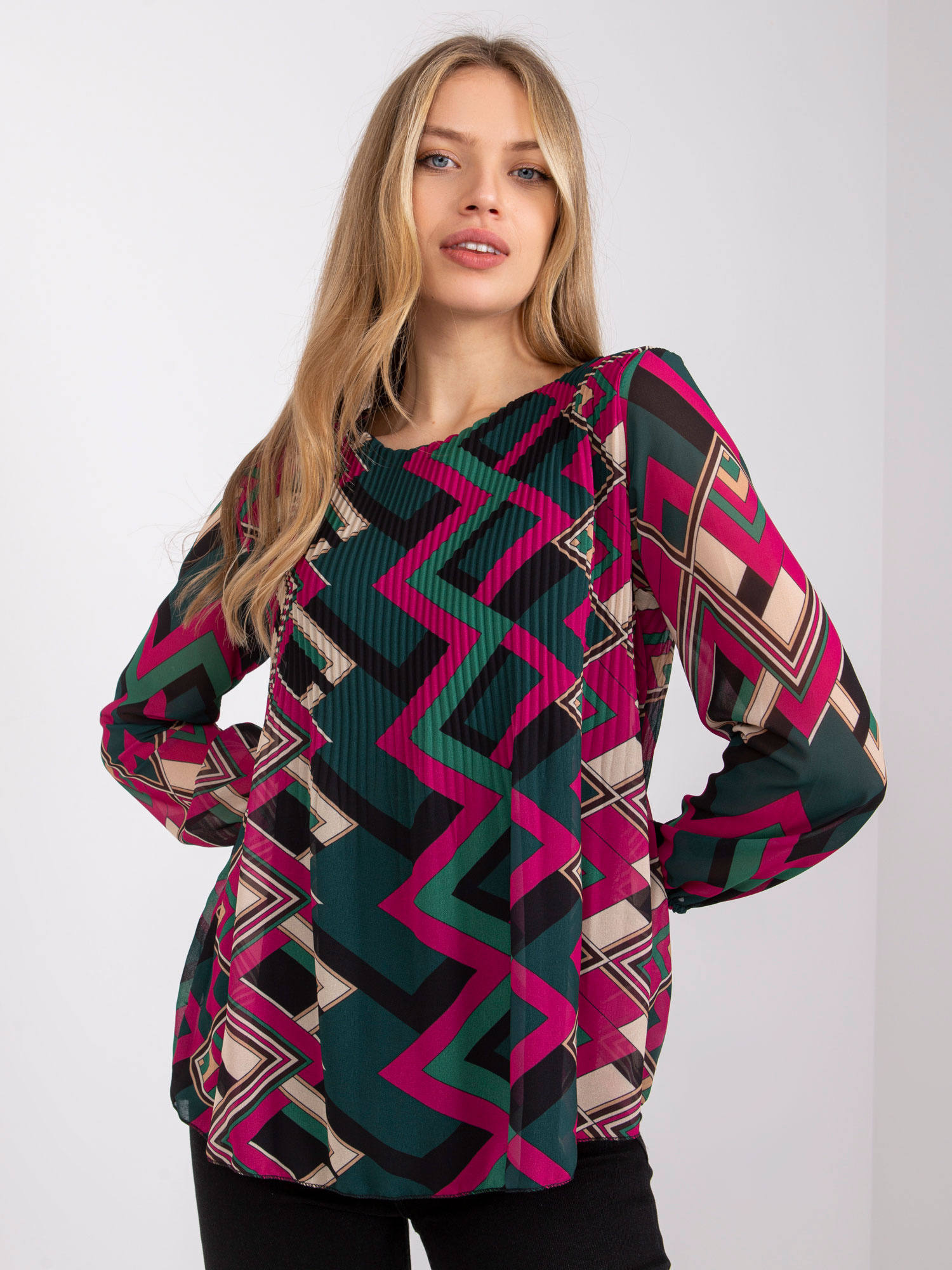 Zeleno-fialová dámska blúzka s dlhými rukávmi DHJ-BZ-8643-2.67P-purple Veľkosť: ONE SIZE