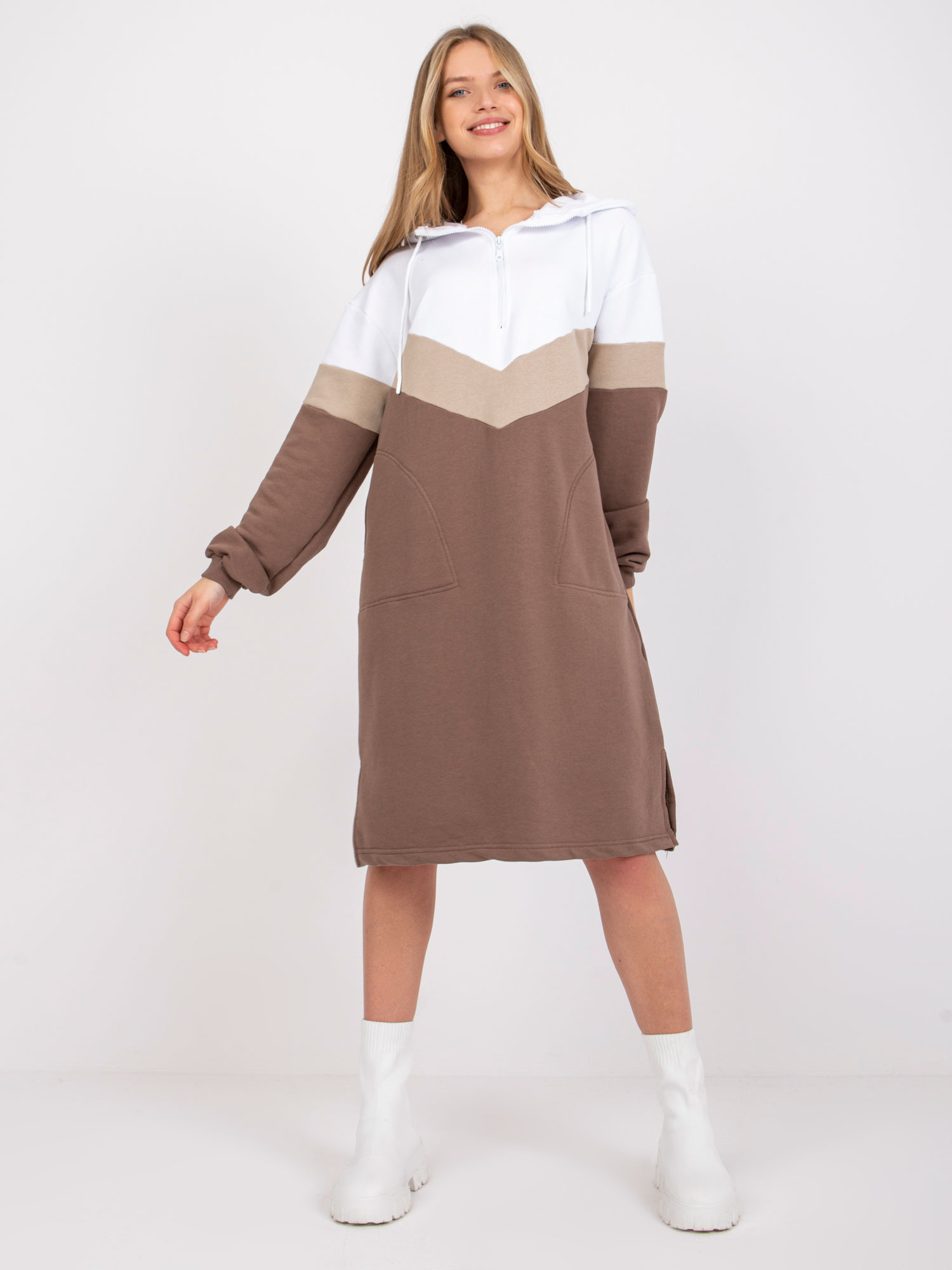 Hnedo-biele dámske mikinové šaty RV-SK-7462.00-white-brown Veľkosť: L/XL