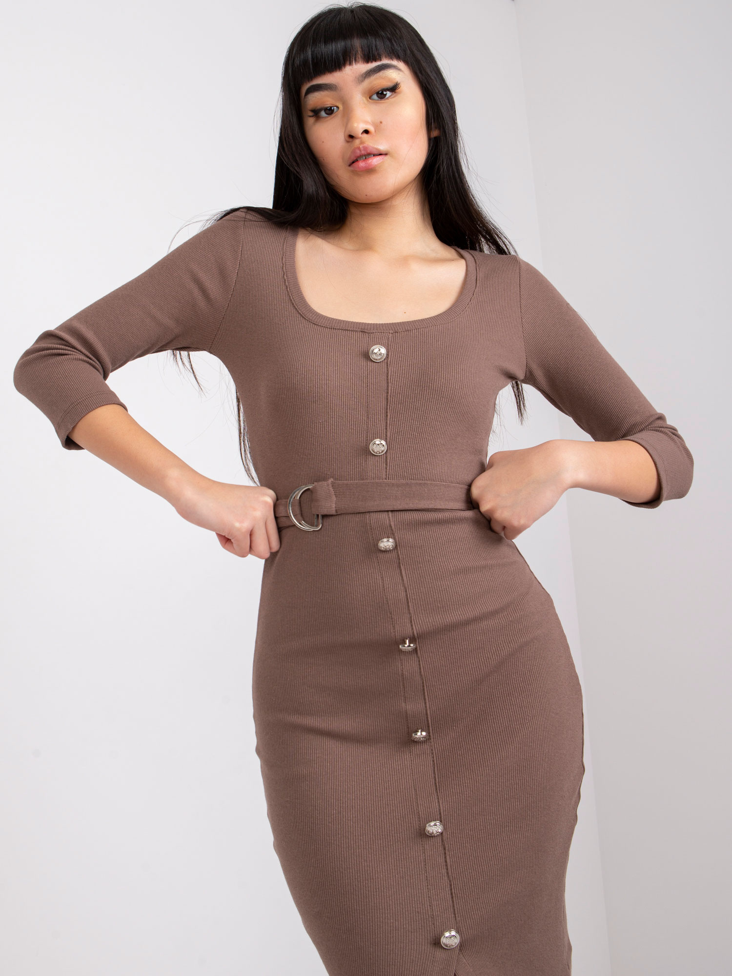 Svetlohnedé midi šaty s gombíkmi RV-SK-7523.91-brown Veľkosť: S