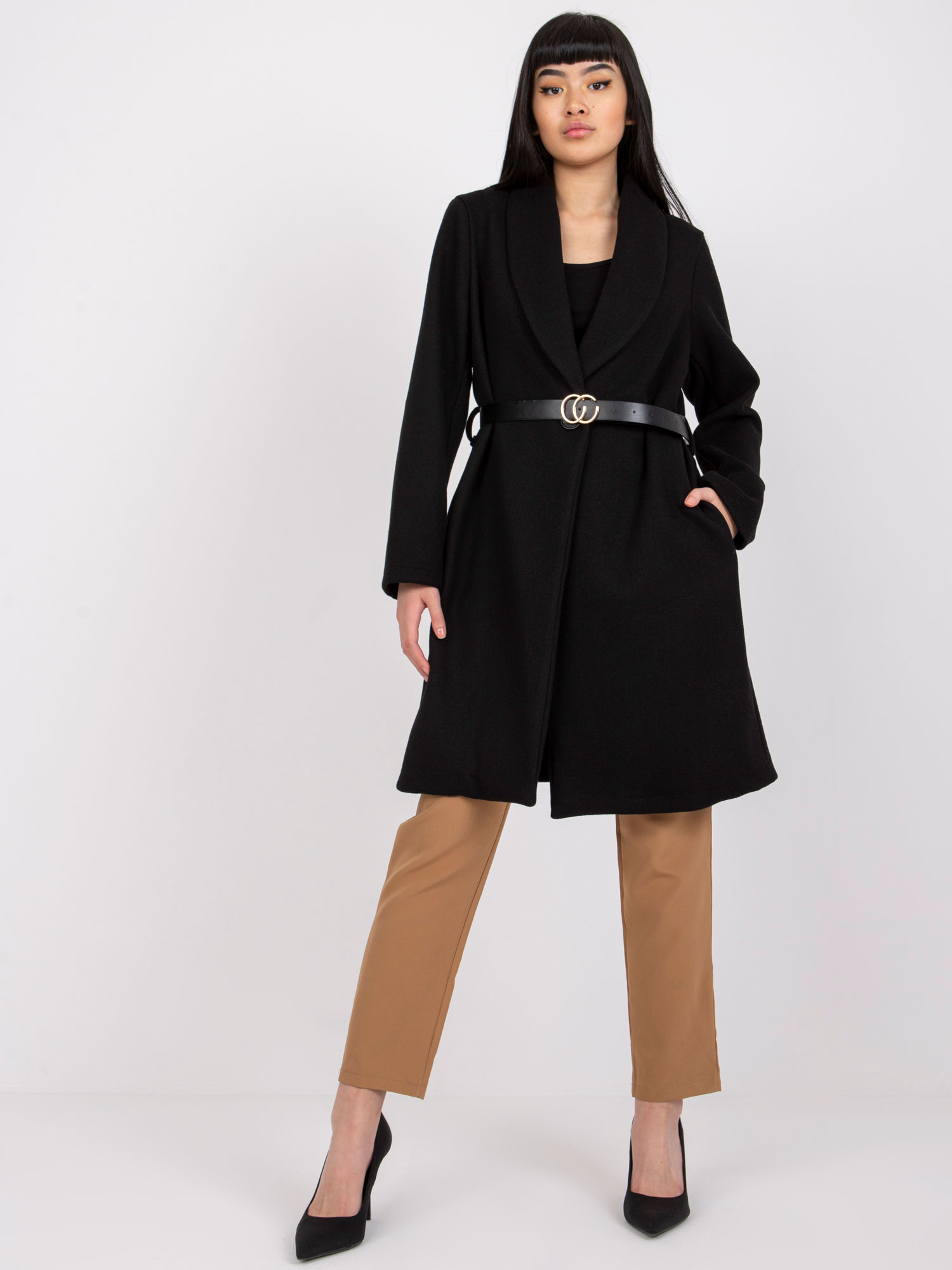 Čierny kabát s opaskom Luna DHJ-PL-2861.91-black Veľkosť: ONE SIZE