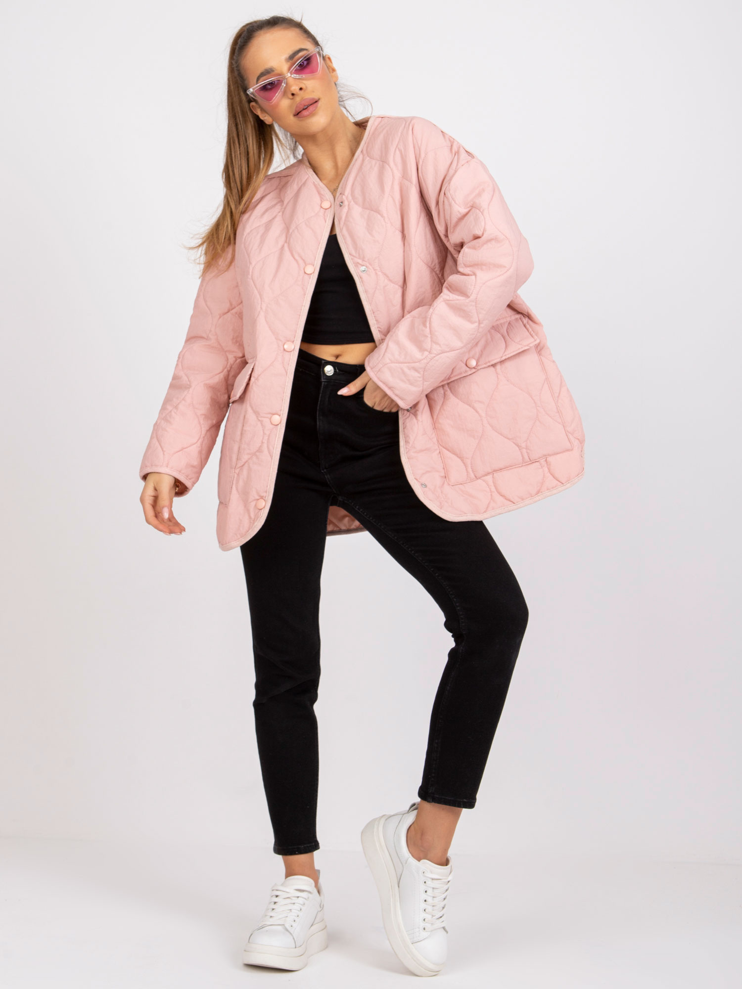 Púdrová prešívaná dlhšia bunda Callie RV-KR-001.95P-powder pink Veľkosť: L/XL