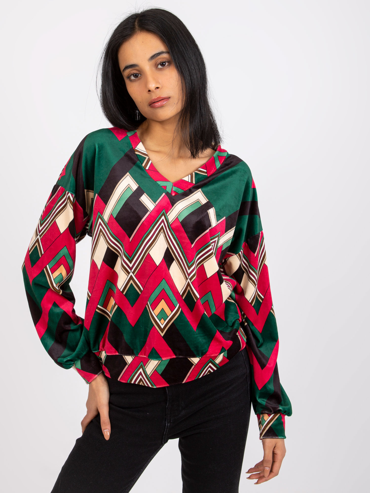 Zeleno-ružová velúrová blúzka Lea DHJ-BZ-6033-1.49P-green-pink Veľkosť: ONE SIZE