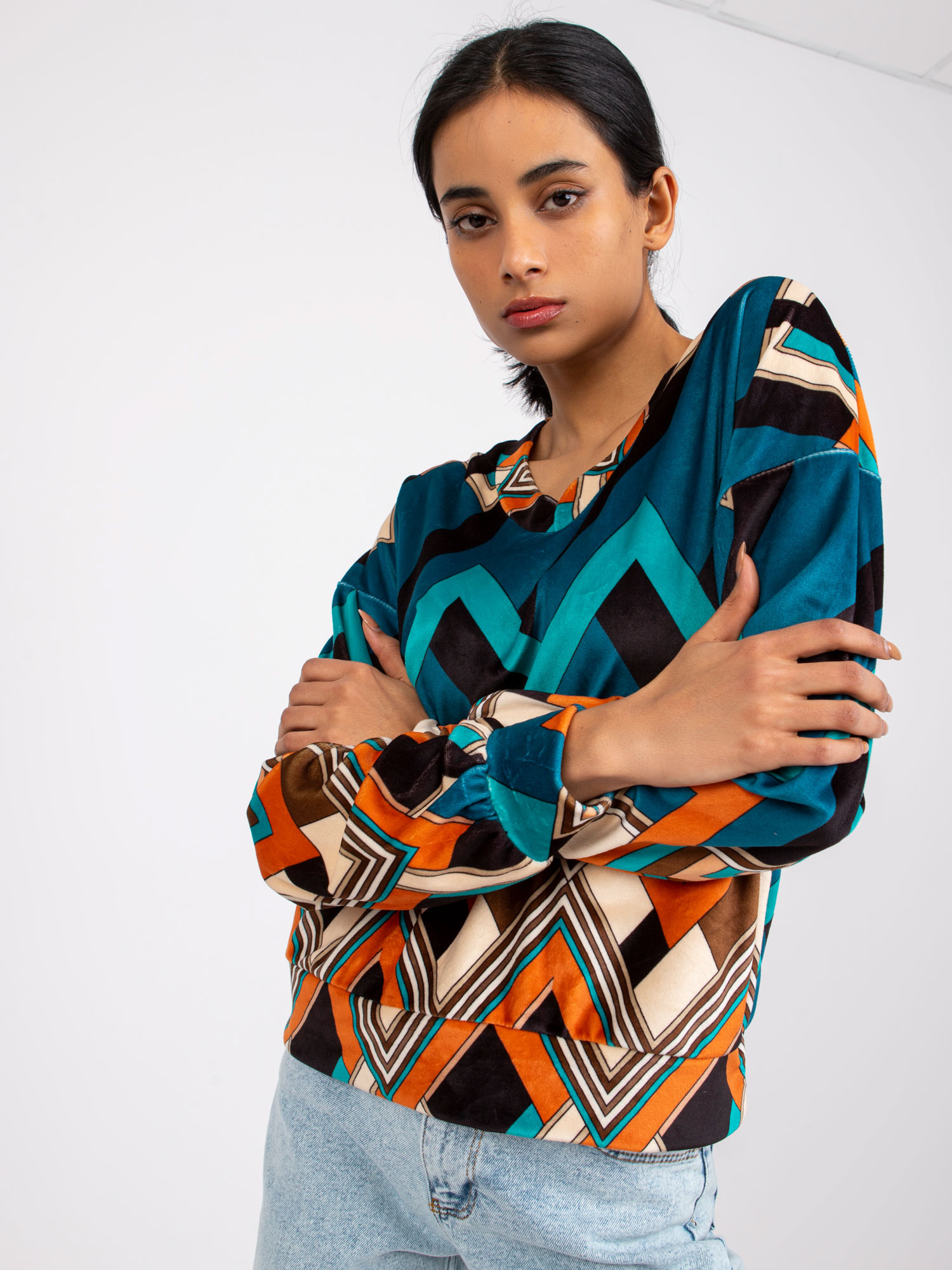 ITALY MODA Modrо-oranžová velúrová blúzka Lea Veľkosť: ONE SIZE