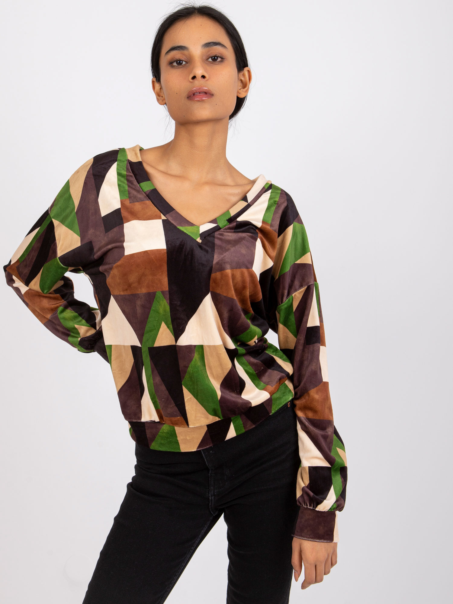 Hnedo-zelená velúrová blúzka Liliana -DHJ-BZ-6550.74P-brown-green Veľkosť: ONE SIZE