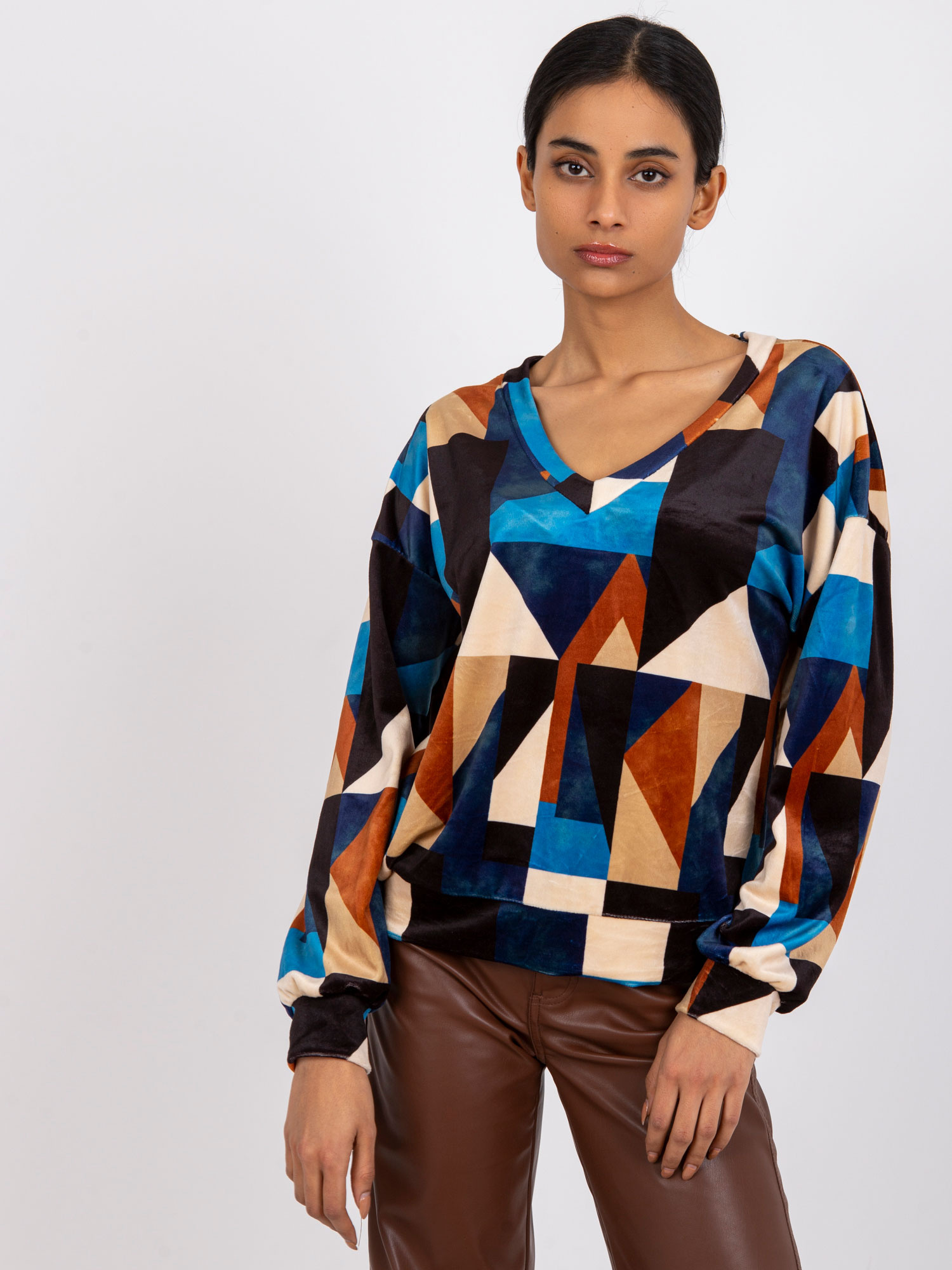 Modro-hnedá velúrová blúzka Liliana -DHJ-BZ-6550.74P-blue-brown Veľkosť: ONE SIZE