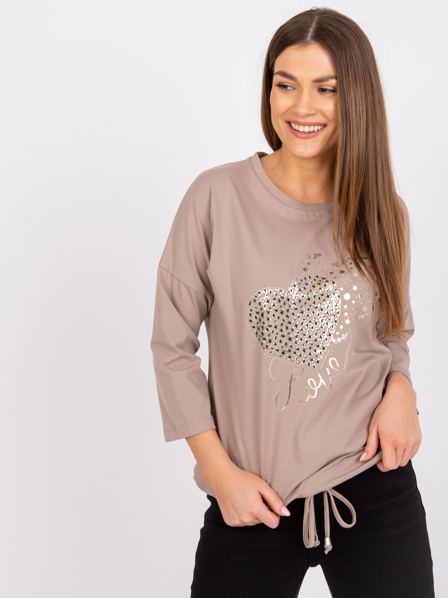 Béžové tričko Elizabeth s lesklou potlačou srdiečok RV-BZ-7545.42P-beige Veľkosť: S/M
