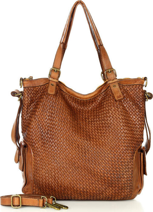 MARCO MAZZINI hnedá kožená shopper kabelka s pleteným vzorom (v202b) Veľkosť: ONE SIZE